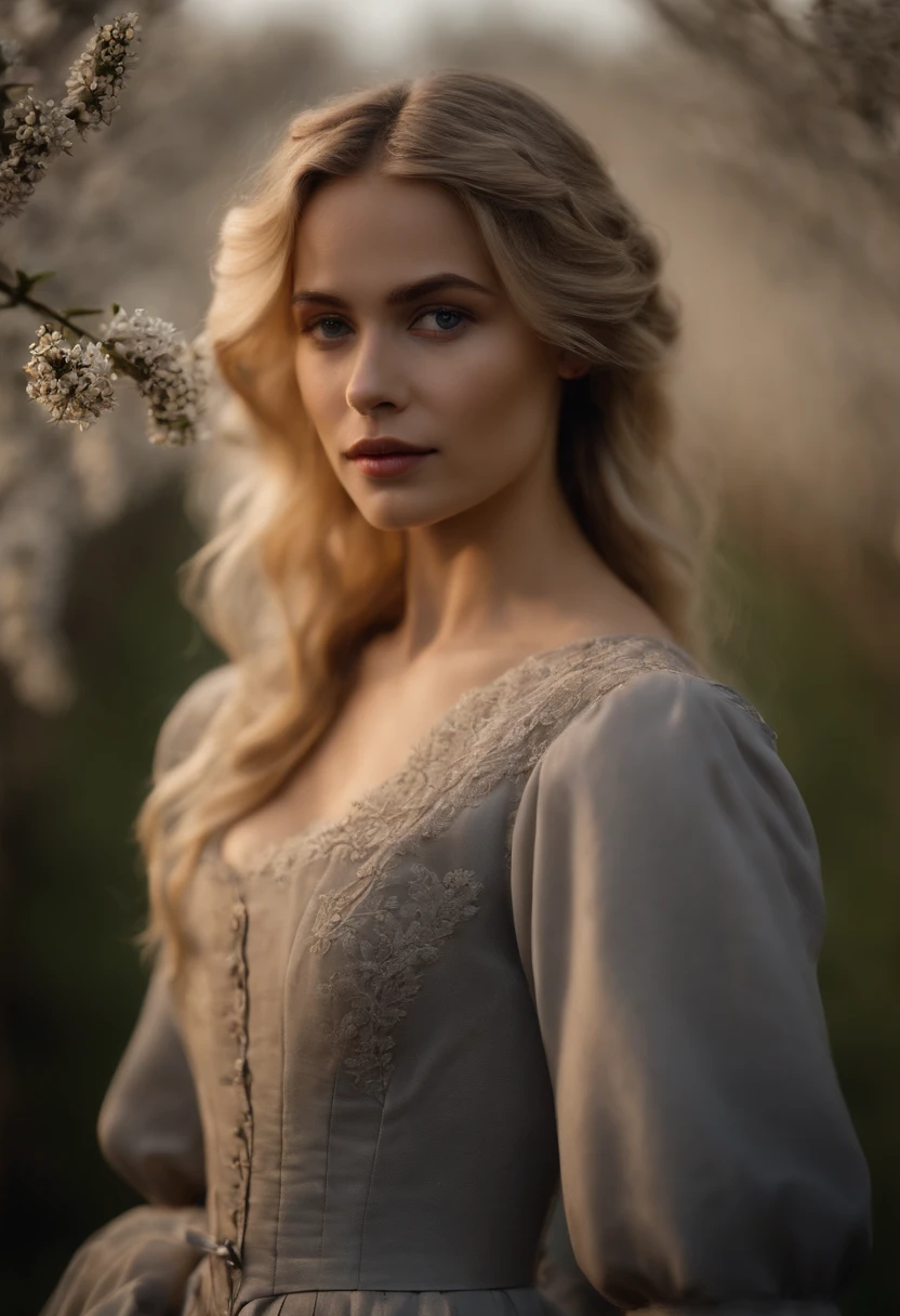 Uma jovem vitoriana, of delicate characteristics, em torno de 23 anos, muito bonita, the hair is very blonde the color of wheat, wears a gray Victorian dress and closed around her neck. Delgado. She's in an orchard of apple trees in bloom., in the nighttime.