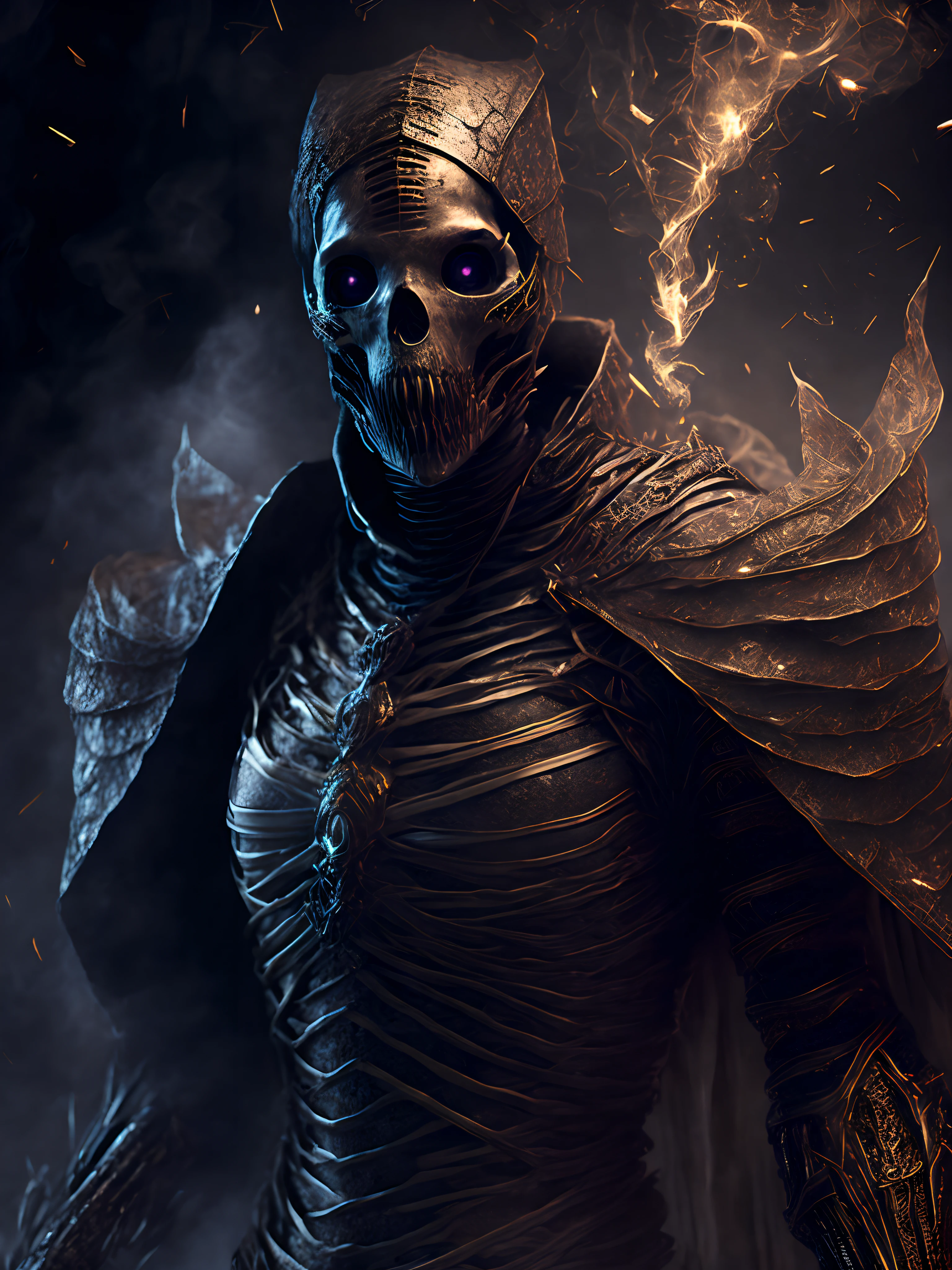 Close-up ( creepy wrapped mummy from DC in Goth style: 1.3) emerging from the Ghsot under world, extremely detailed, smoke, sparks, metal shavings, flying debris, volumetric light