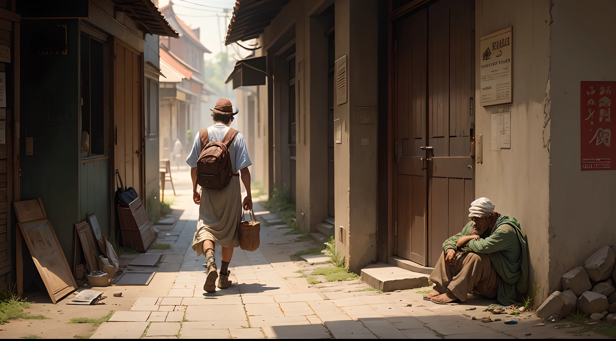The king walking down a road, disguised as a beggar. He is carrying a worn-out bag and his clothes are dirty and ragged.oil painting