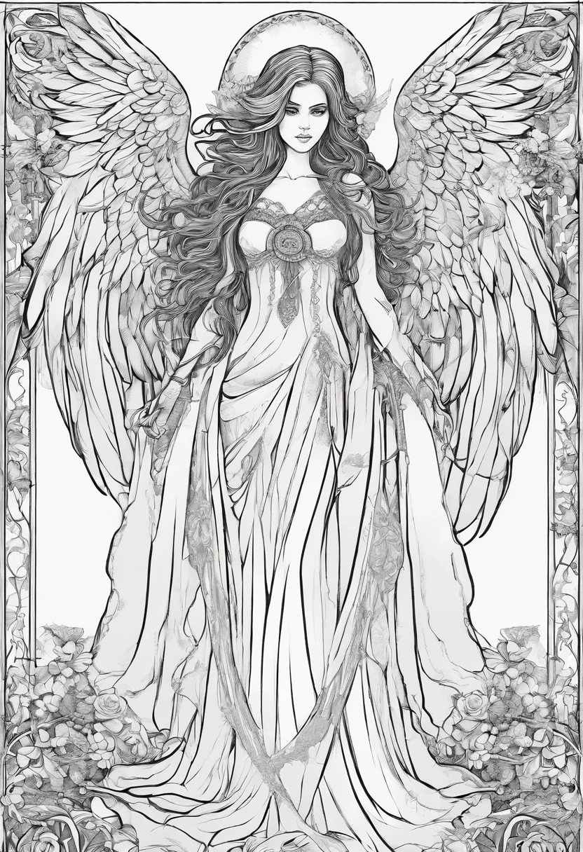 Beautiful gothic female angel of death, in the style of a coloring page, clean line art, clear line art, thick outline, white background, black and white, no color, coloring book page, coloring page, line art