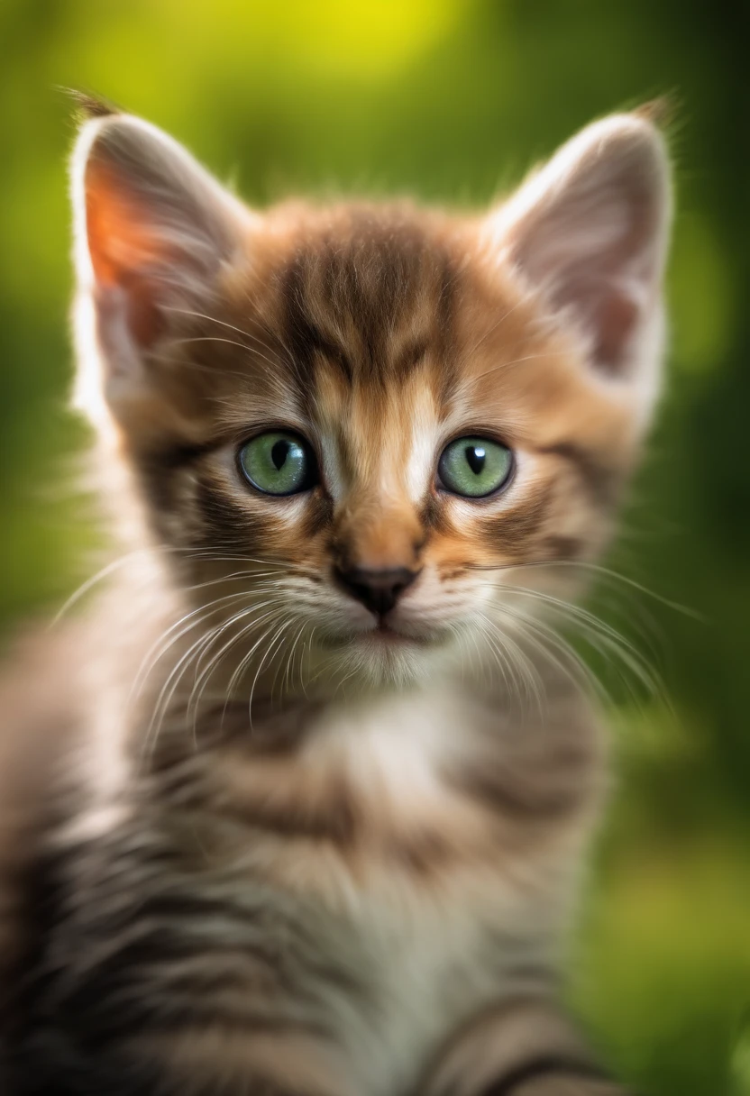 An adorable kitten,HDR,cinematic shot,vignette,centered,bright colors,vibrant fur,expressive eyes,soft lighting,focused details,playful pose,lush green background,bokeh