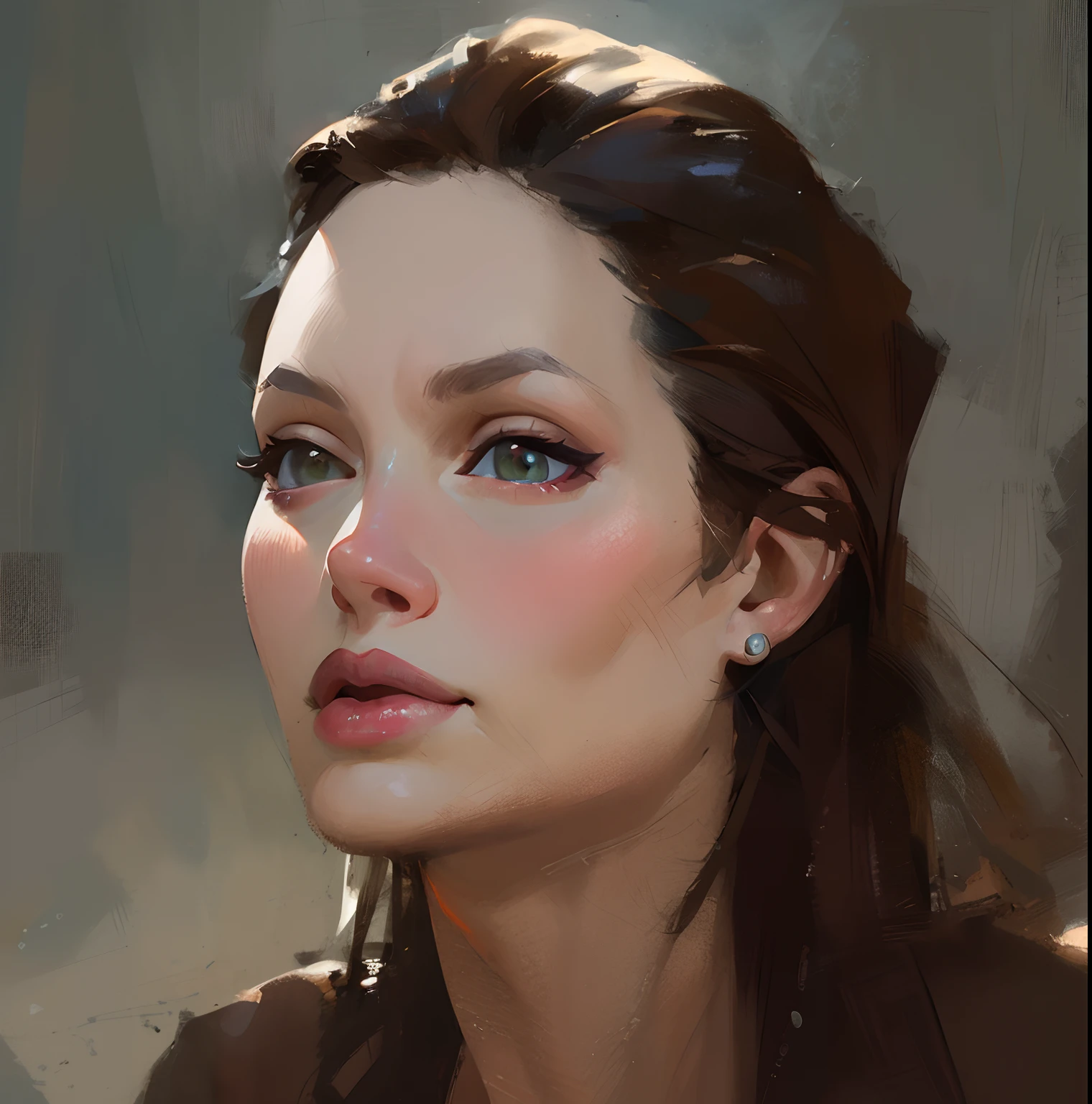 close-up of a woman with a serious expression on her face, Angelina Jolie, Very beautiful Angelina Jolie, Angelina Jolie, Portrait of Angelina Jolie, Portrait of Angelina Jolie, & her expression is solemn, Portrait of Angelina Jolie, but a stern look at her, The most beautiful woman on earth, Angelina Jolie's nose, serious look, with high cheekbones