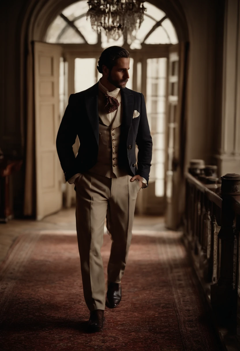 Um homem vitoriano bonito e viril, em roupas vitorianas elegantes, em um manor house.