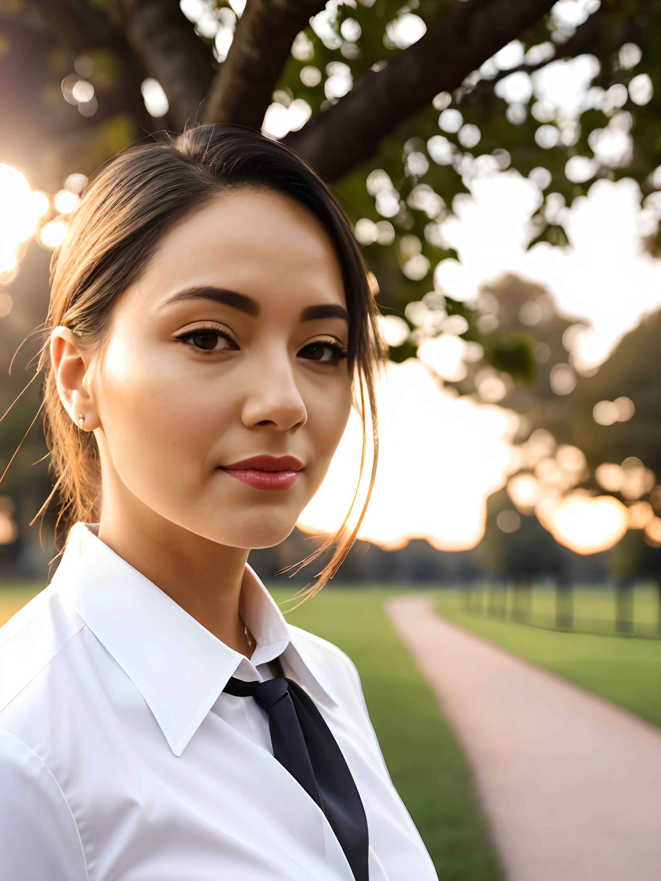 There is a woman in a tie and a white shirt, with a tree in the background, looking to the side off camera, in front of a forest background, During sunset, park in background, morning sun, at sunset, looking away from camera, with a park in the background, trees in the background, selfie photography 8k, The Morning Golden Hour, The Golden Hour of the Sun, The city in the background, whitedress