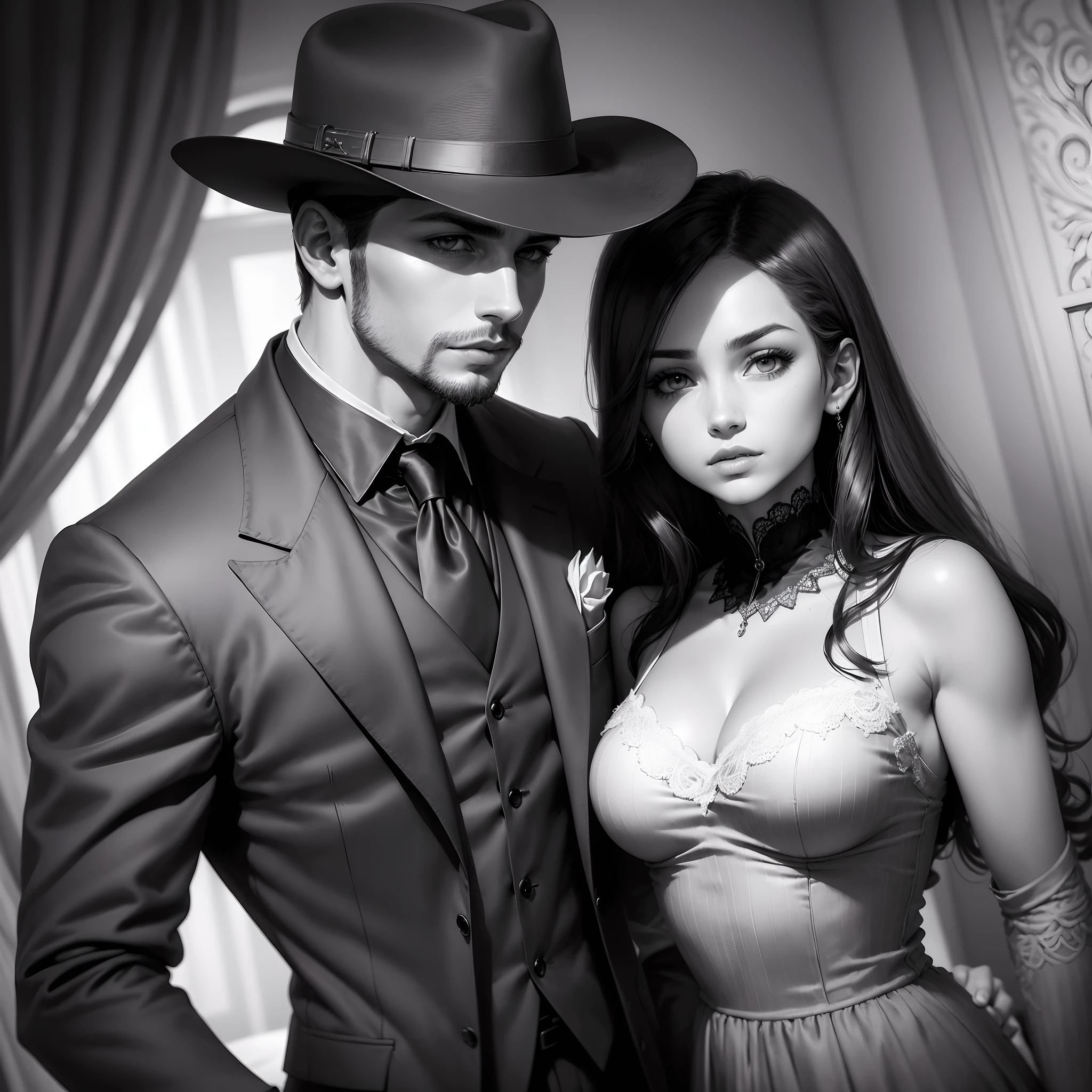 (La mejor calidad, Ultra detallado, realista), hombre con los ojos vendados, cana, traje negro, ojos detallados, Labios detallados, mirada intensa, Mysterious atmosphere, fondo oscuro, Dramatic lighting, Fine pencil drawing, Monochromatic color scheme.