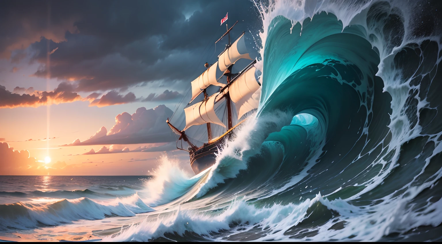 view of turbulent swells of a violent ocean storm, inside a glass bottle on the beach ม dramatic thunderous sky at dusk at center a closeup of large tall pirate ship with sails, breaking light