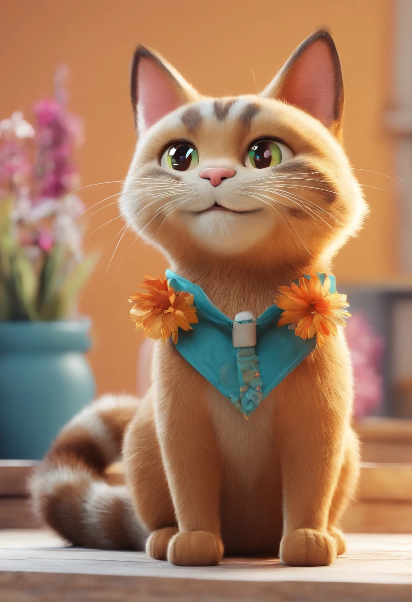 Por favor, Create a lovely image of a cute cat holding a compliment in his hand. Make sure the cat is smiling and that the compliment is clearly visible. A cena deve ser alegre e colorida, com uma atmosfera positiva. Surprise me with the details and the expression of the cat, and make the compliment genuinely adorable. This image should convey a sense of happiness and appreciation. What you create will be greatly appreciated