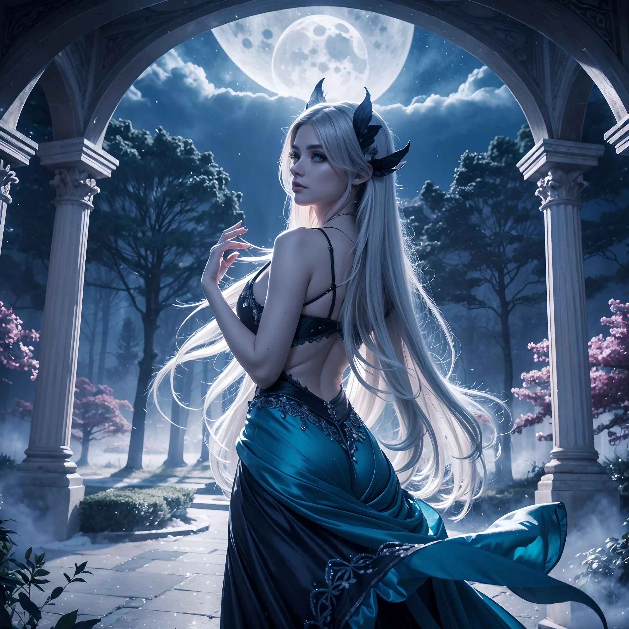 "Under the enchanting moonlight, a mesmerizing scene unfolds amidst the darkness. A mystical aura pervades the air as ethereal beings dance in the celestial glow, casting luminous shadows on the tranquil landscape."