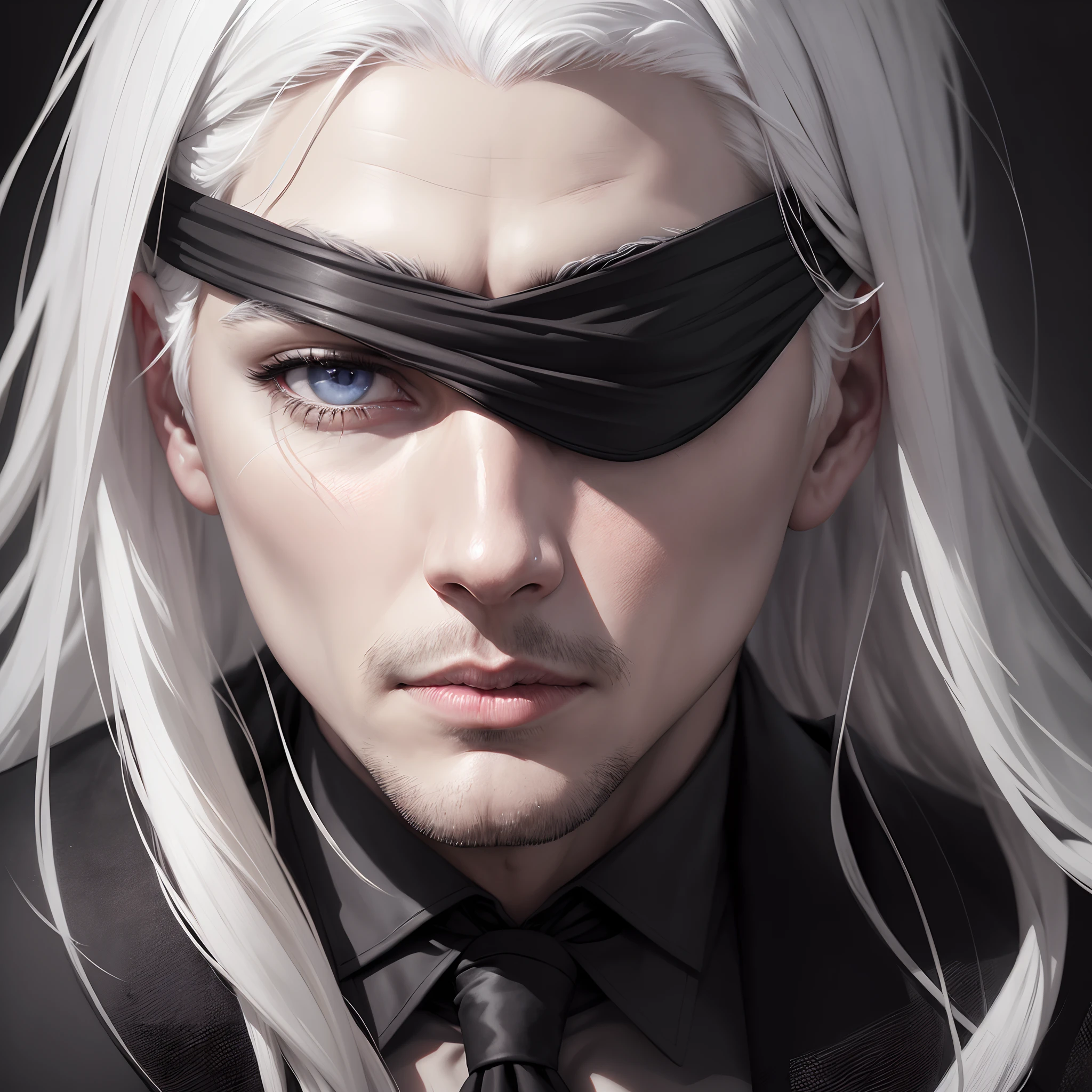 (best quality, ultra-detailed, realistic), blindfolded man, white hair, black suit, detailed eyes, detailed lips, intense gaze, mysterious atmosphere, dark background, dramatic lighting, fine pencil drawing, monochromatic color scheme.