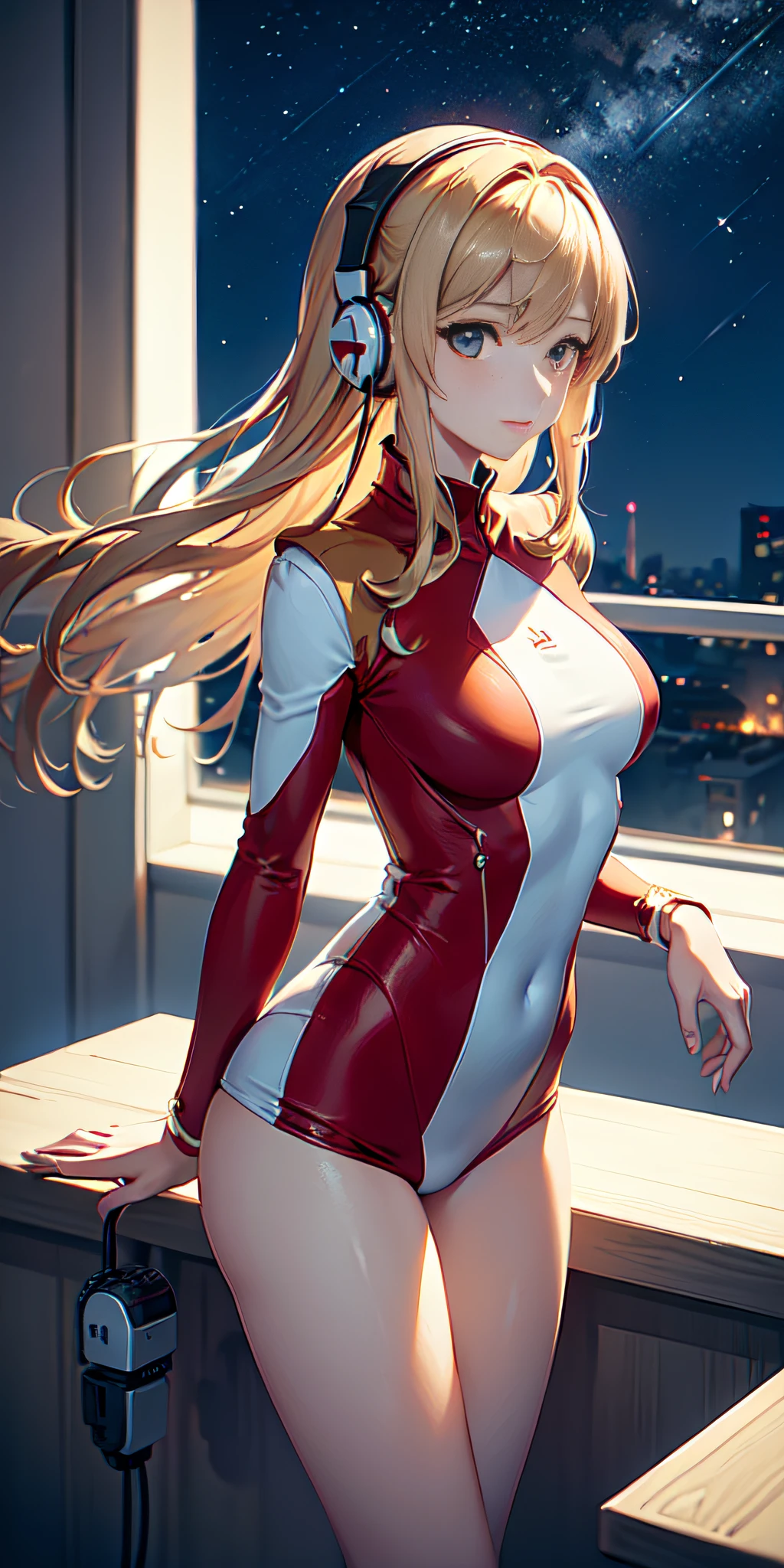 (Aerial view), dynamic angle, ultra detailed, illustration, close-up, straight, only 1 woman, ((interface headset, red suit: 1.4, blonde)),Her eyes shone like dreamy stars,(bright eyes:1,233 ),(beautiful and detailed eyes:1.1),(expressionless, closed mouth),(standing), (mechanics room with tools and spaceship window on a white spaceship), (night:1.2),dreamy, [[delicate fingers and hands:0.55]::0.85],(detail of fingers)