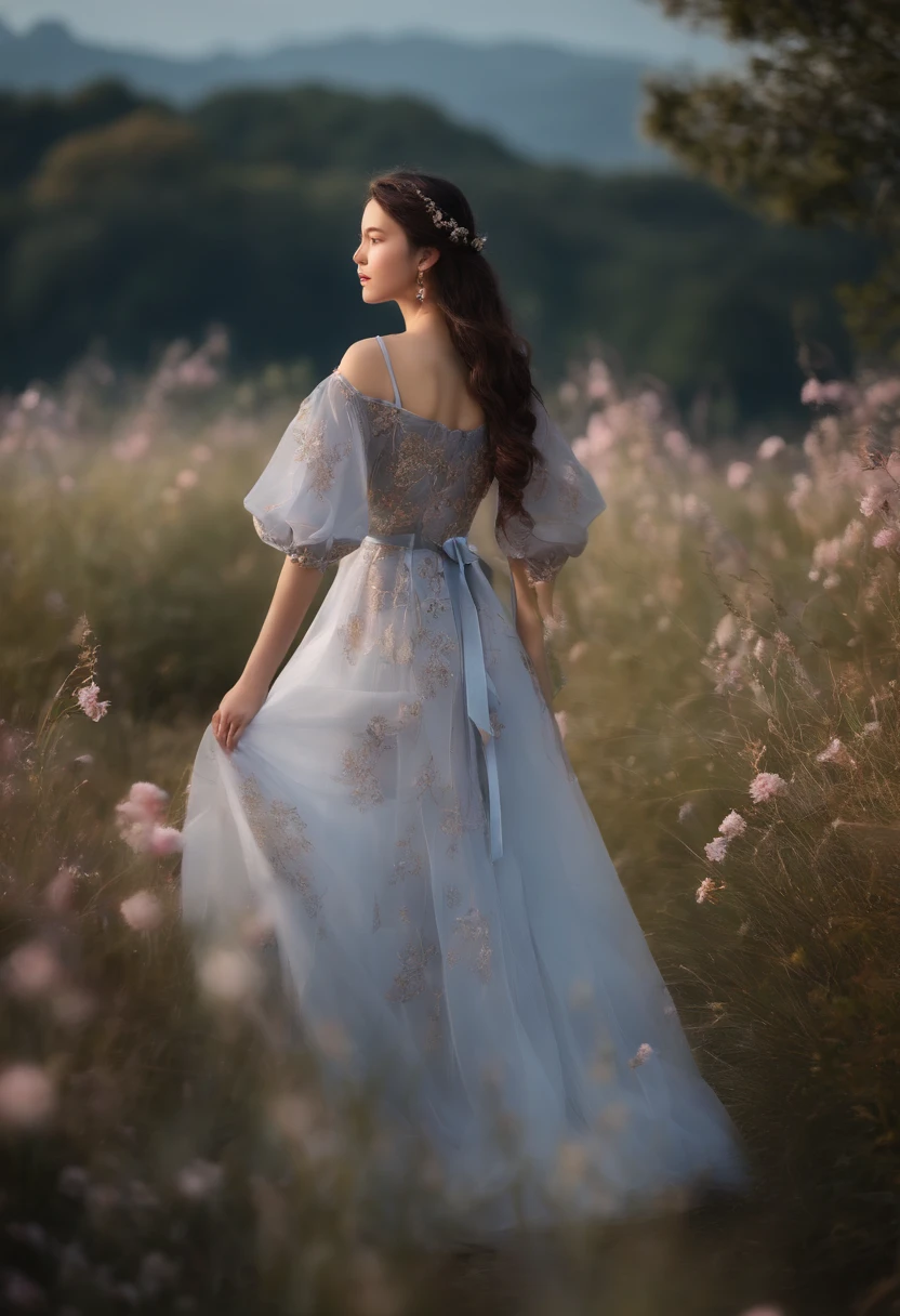 Meisterwerk, best quality, 1girls, nur, Guizhong_Genshin, Vorgabe_Kleid, von hinten, Sternenhimmel-Print, Sleeves above the wrists, bare feet