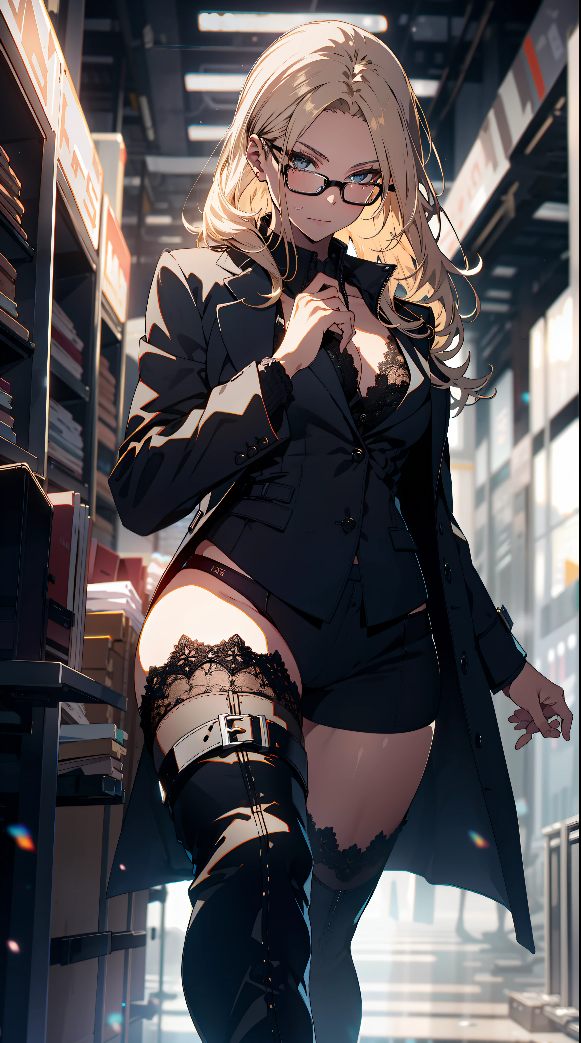 hires, beautiful blonde, black suit jacket, no shirt, glasses, black lace panties, thigh high leather boots, office setting, seductive expression, realistic, depth of field