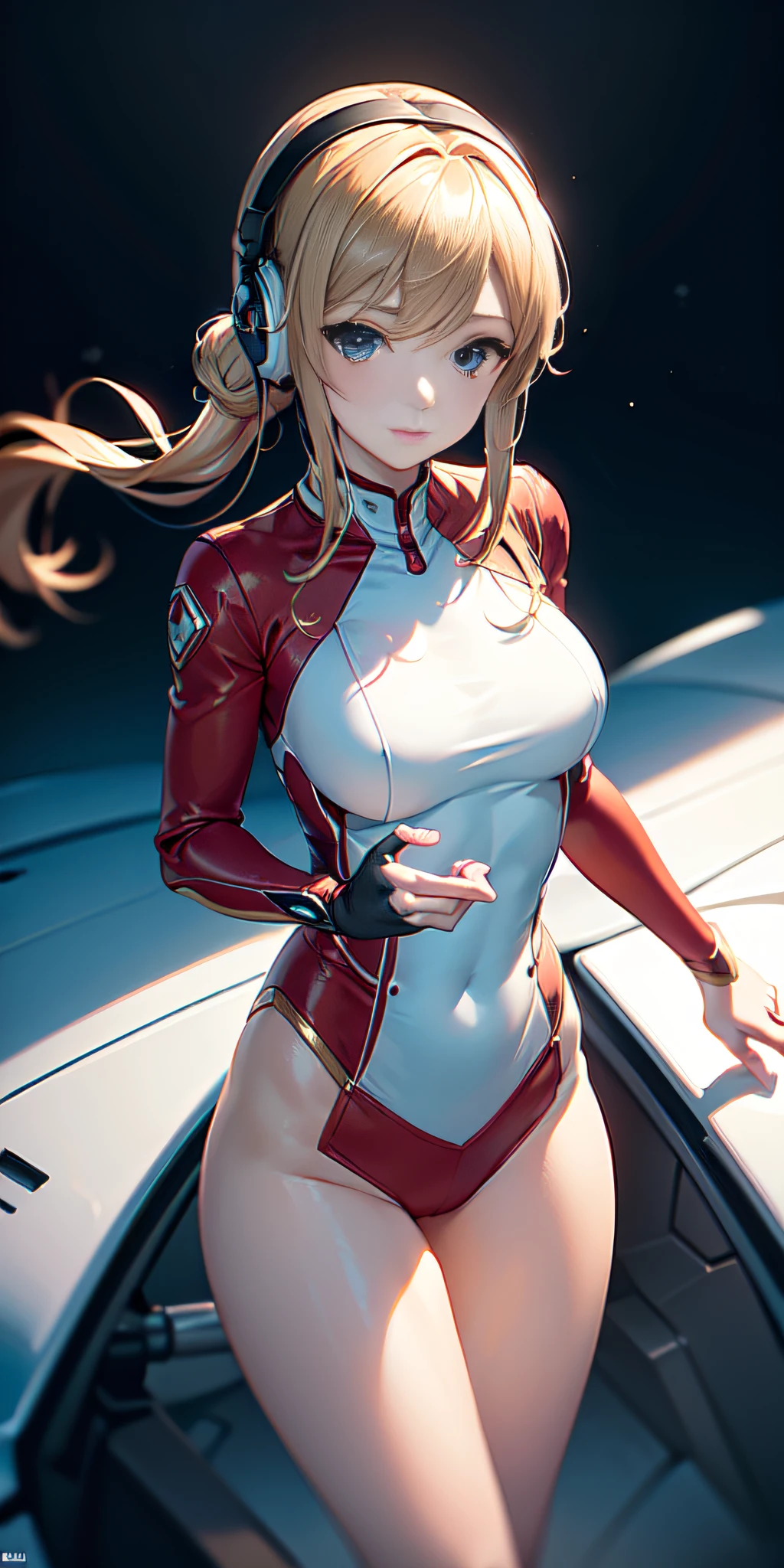 (Aerial view), dynamic angle, ultra detailed, illustration, close-up, straight, only 1 woman, ((interface headset, red suit: 1.4, blonde)),Her eyes shone like dreamy stars,(bright eyes:1,233 ),(beautiful and detailed eyes:1.1),(expressionless, closed mouth),(standing), (mechanics room with tools and spaceship window on a white spaceship), (night:1.2),dreamy, [[delicate fingers and hands:0.55]::0.85],(detail of fingers)
