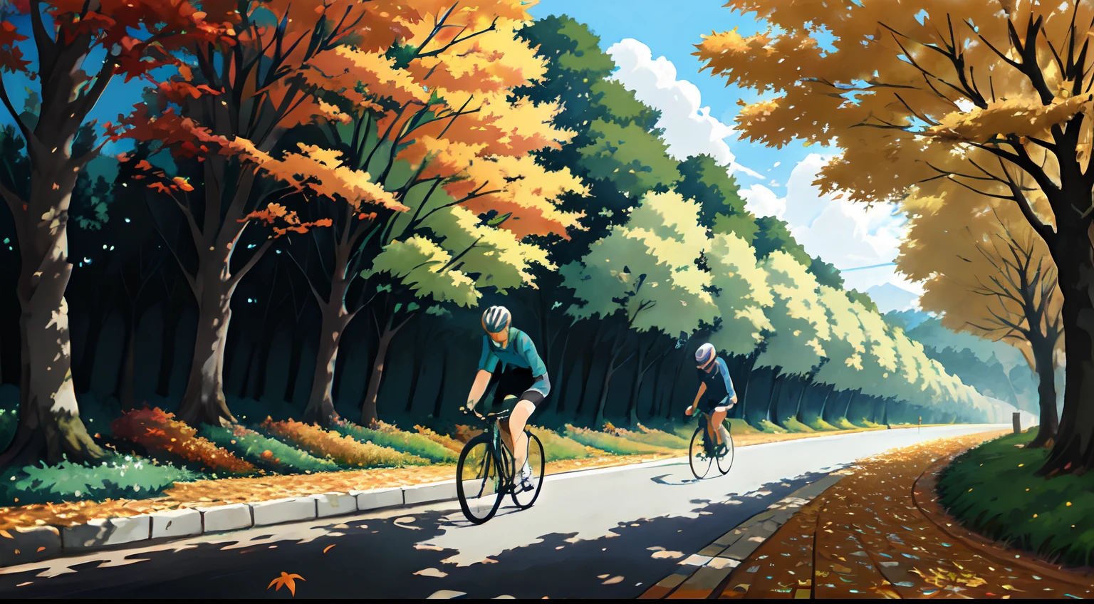 (cycliste seul: 1.5), (Realistic bike: 1.5), (realistic cyclist: 1.5), (automne: 1.5), Plan en gros plan, Le meilleur des meilleurs, orange leaves, nature, ambiance Landscaped background, ombres, contraste, Makoto Shinkai (beste-Qualit:1.3), (high resolucion:1) Art par Studio Ghibli Style, impressionnisme, couleurs vibrantes