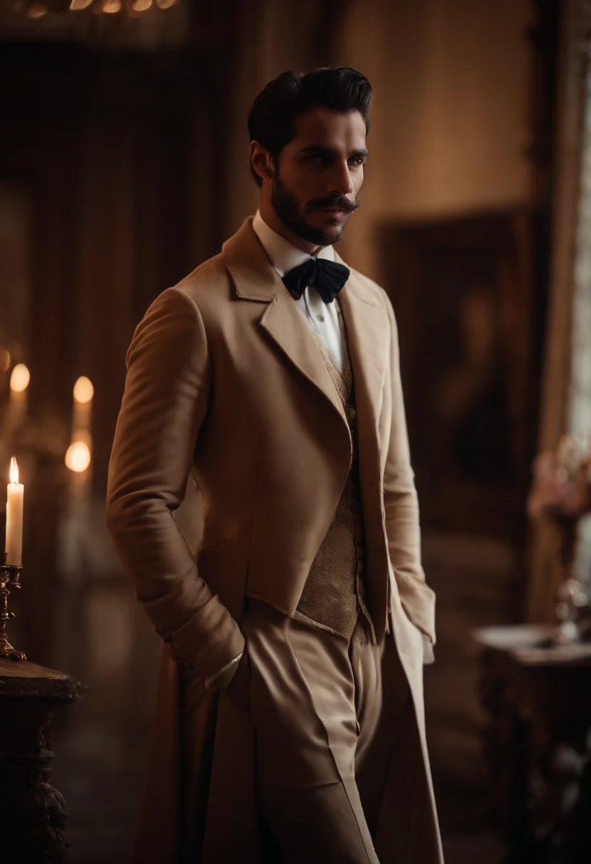 Um homem vitoriano bonito e viril, em roupas vitorianas elegantes, em um manor house. No facial hair, no glasses.