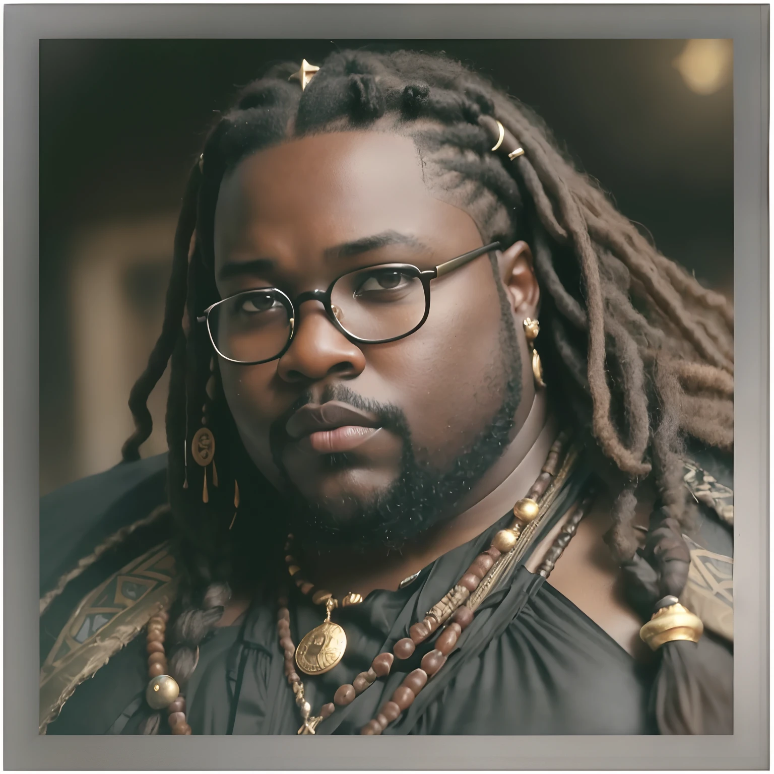 Portrait of an obese African Hattian black Man, detailed eyes, detailed lips, medieval spectacles, long black dread hair style, pirate outfit rustic background, weathered skin, gold nose ring, thin beard, compassionate expression, dramatic lighting (best quality,4k,8k,highres,masterpiece:1.2),ultra-detailed,(realistic,photorealistic,photo-realistic:1.37)