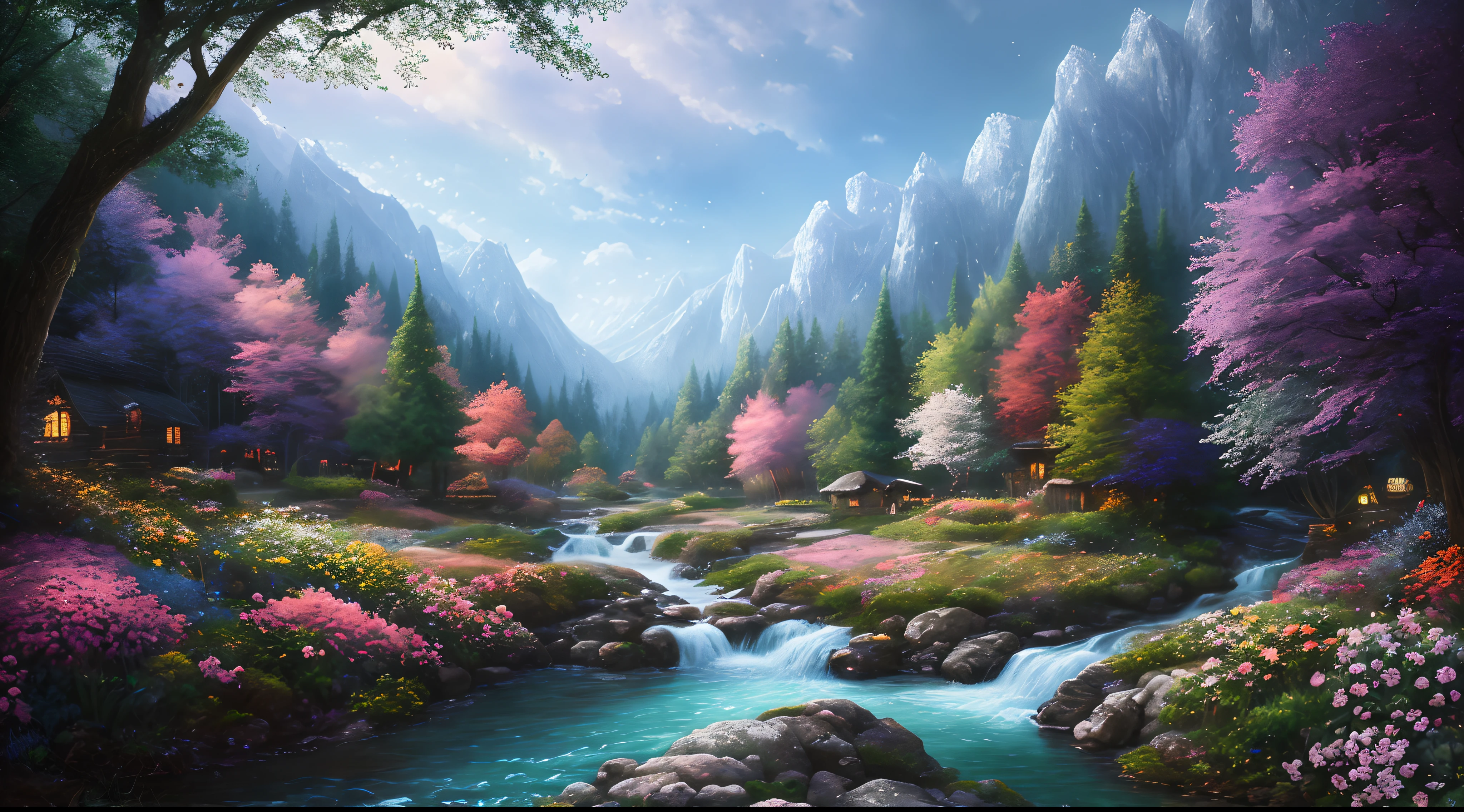 masterpiece, best quality, high quality,extremely detailed CG unity 8k wallpaper, An enchanting and dreamy scene of a fantasy forest, beautiful cottage beside a stream,with towering trees, glowing flowers, and hidden fairy glens, creating a sense of mystique and enchantment, artstation, digital illustration, intricate, trending, pastel colors, oil paiting, award winning photography, Bokeh, Depth of Field, HDR, bloom, Chromatic Aberration ,Photorealistic,extremely detailed, trending on artstation, trending on CGsociety, Intricate, High Detail, dramatic, art by midjourney