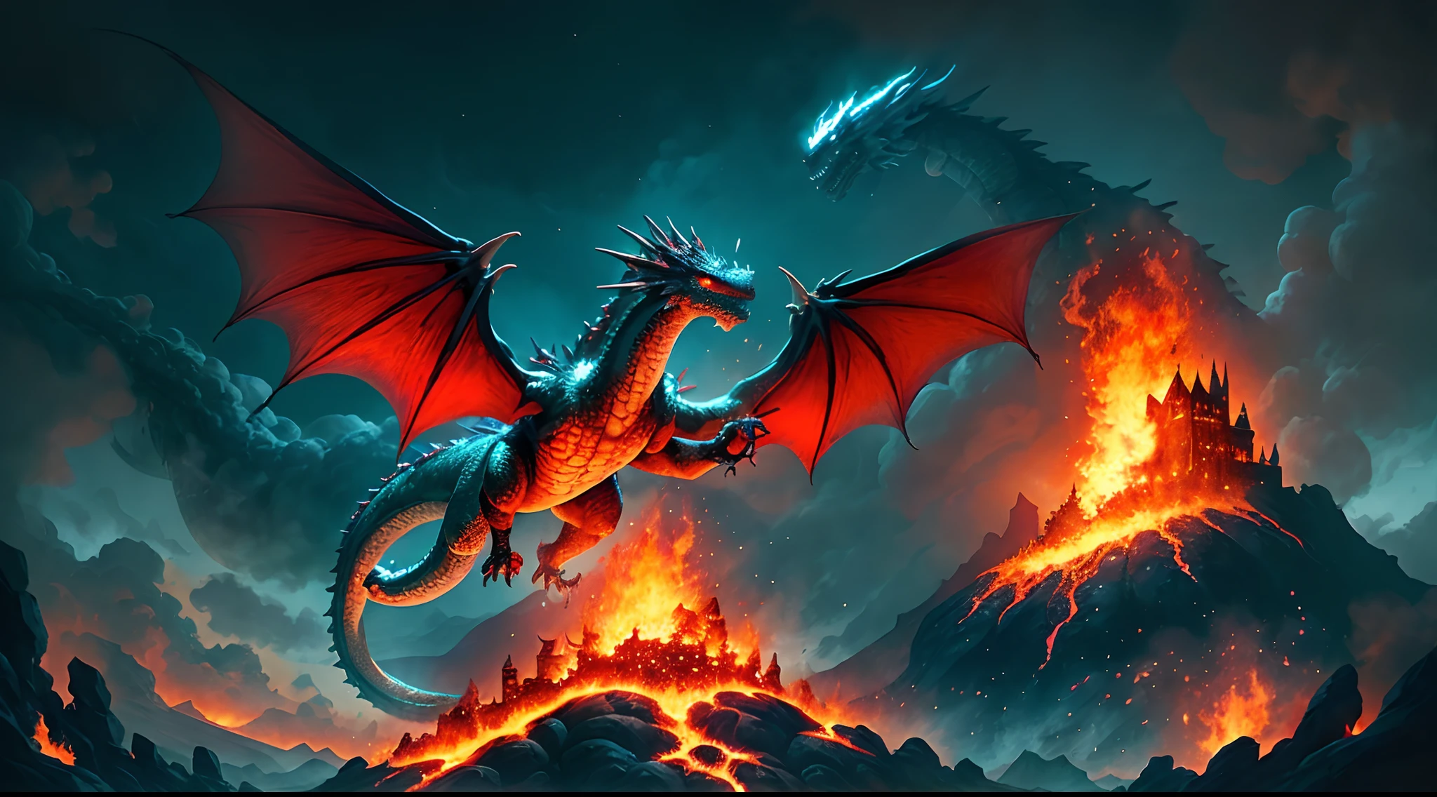 (best quality,16k,32k,highres,masterpiece:1.2),ultra-detailed,(realistic,photorealistic,photo-realistic:1.37),(The ultimate Orochi dragon) glowing red eyes realistic fire background of totally destroyed mountain alone looking at the camera serious expression.