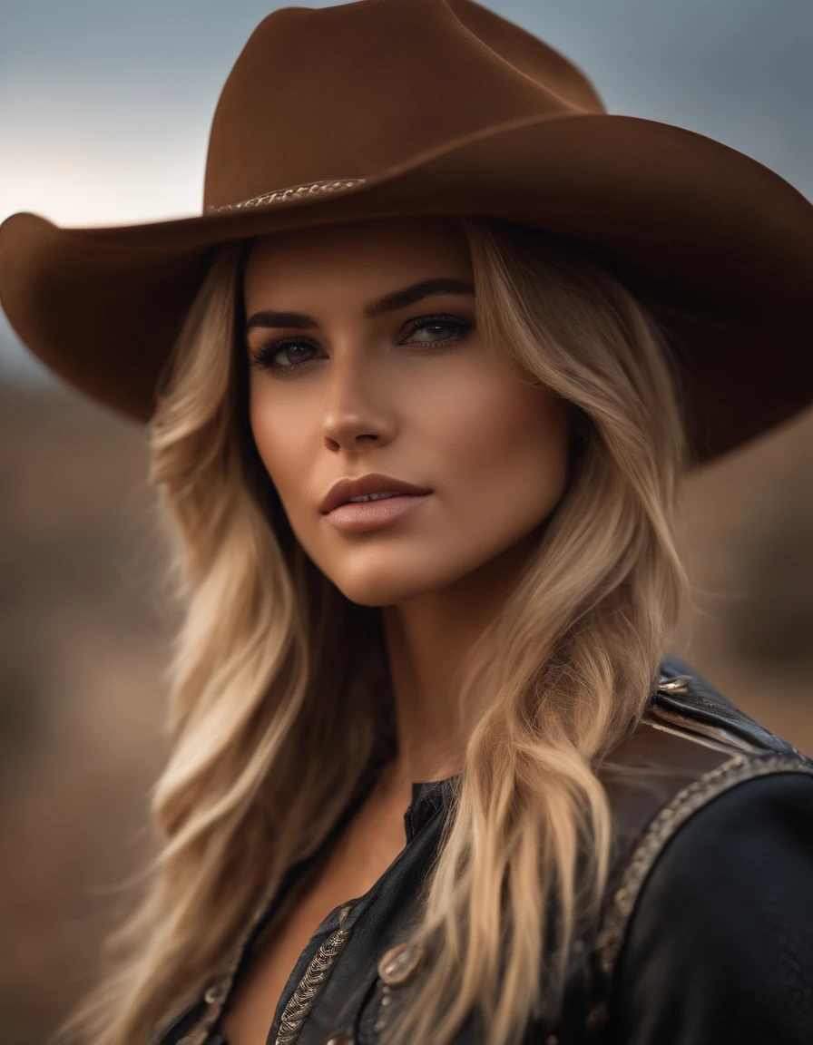 4K HLTRA HD |, Mastermiece, best quality, a girl, cara boa, Olhos detalhados, Detailed lips, cabelos longos, pelos estreitos, vestindo roupa de cowboy, Bare stomach, leather jacket, cowboy hat, Fundo desfocado, morning, captura de corpo inteiro, messy blonde hair