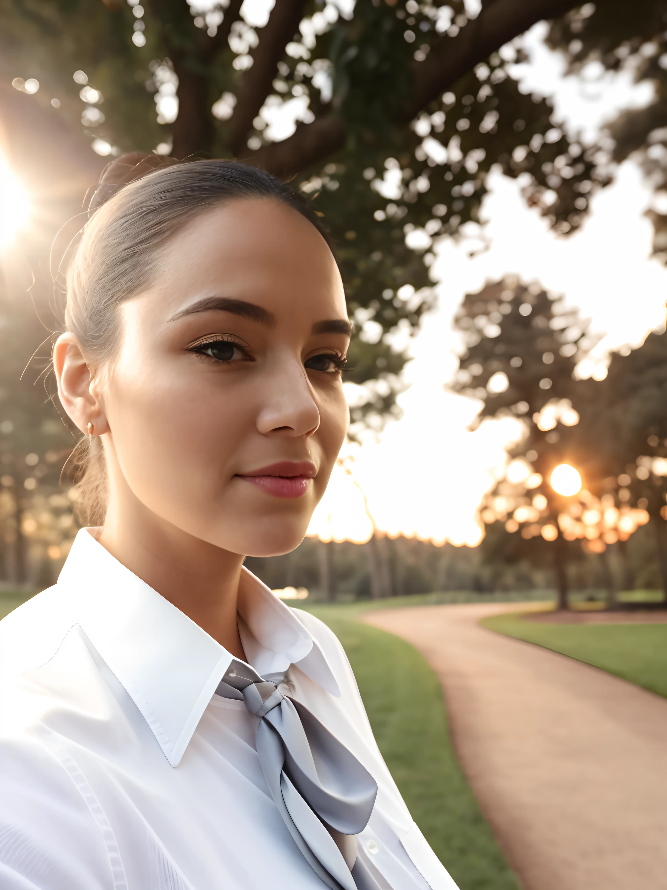 There is a woman in a tie and a white shirt, with a tree in the background, looking to the side off camera, in front of a forest background, During sunset, park in background, morning sun, at sunset, looking away from camera, with a park in the background, trees in the background, selfie photography 8k, The Morning Golden Hour, The Golden Hour of the Sun