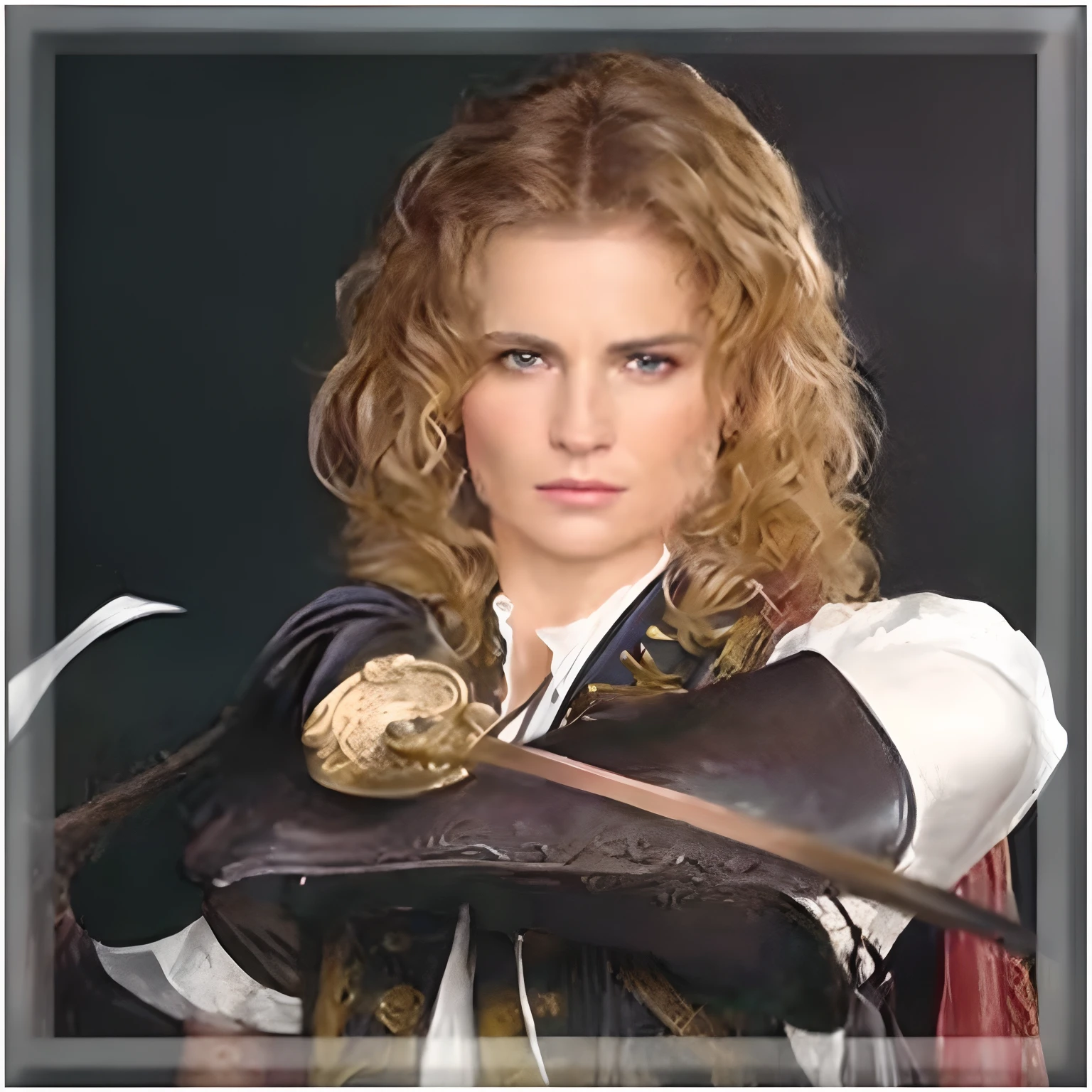 Portrait of a mature French woman detailed eyes, strong jawline, masculine detailed lips, long blonde curly hair style, pirate outfit rustic background, clear skin, Aristocratic expression, hold a rapier sword, dramatic lighting (best quality,4k,8k,highres,masterpiece:1.2),ultra-detailed,(realistic,photorealistic,photo-realistic:1.37)