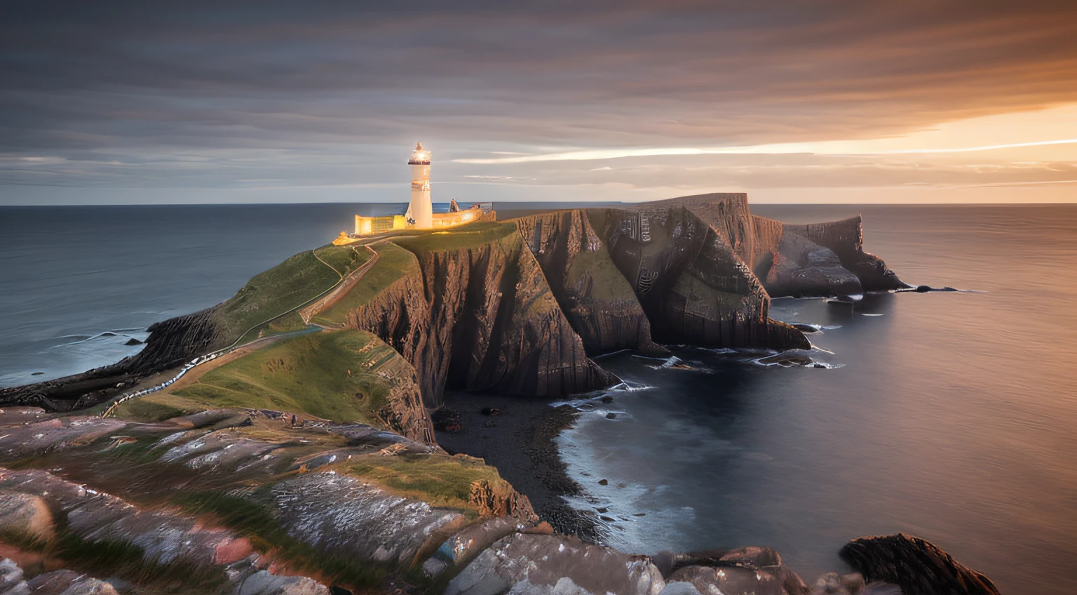 Neist Point Lighthouse (light on) at dusk, designed by Scottish civil engineer David Alan Stevenson. (16k, Best Quality, Hdr, Best Resolution, Centerpiece: 1.2) , Bokeh, Realistic photography, Canon 5d4