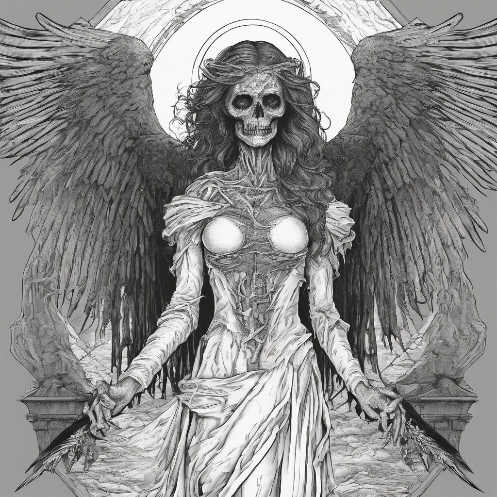 Beautiful female angel of death, in the style of a coloring page, clean line art, clear line art, thick outline, white background, black and white, no color, coloring book page, coloring page, line art