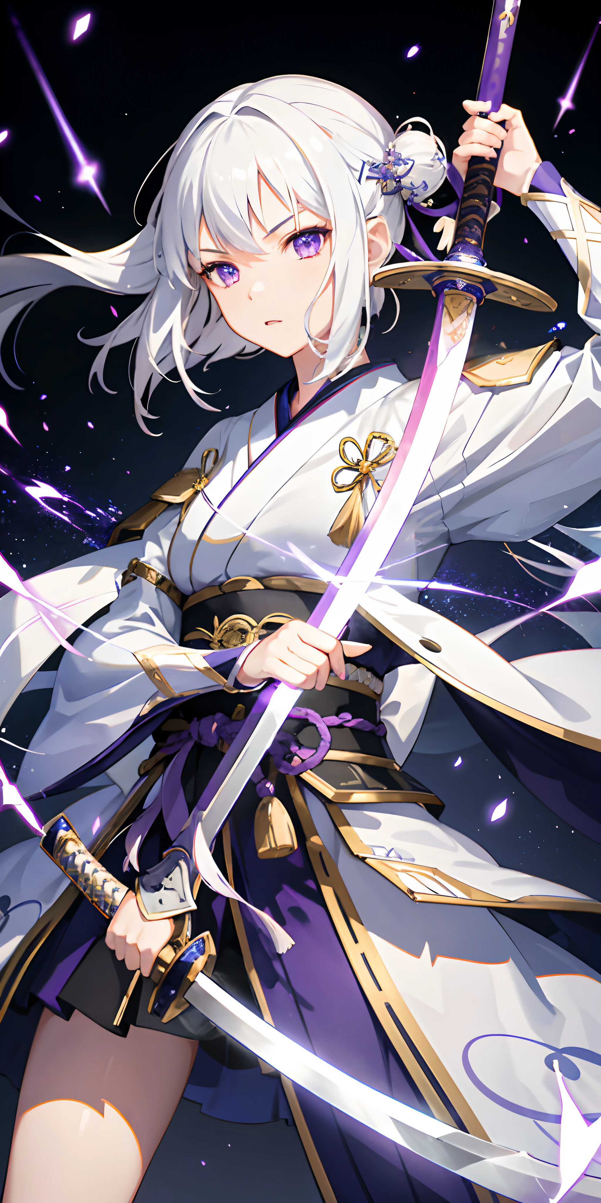 1girl, japanese armor, white hair, purple eyes, sword, ((holding sword)), blue flames, glowing weapon, light particles, wallpaper, chromatic aberration