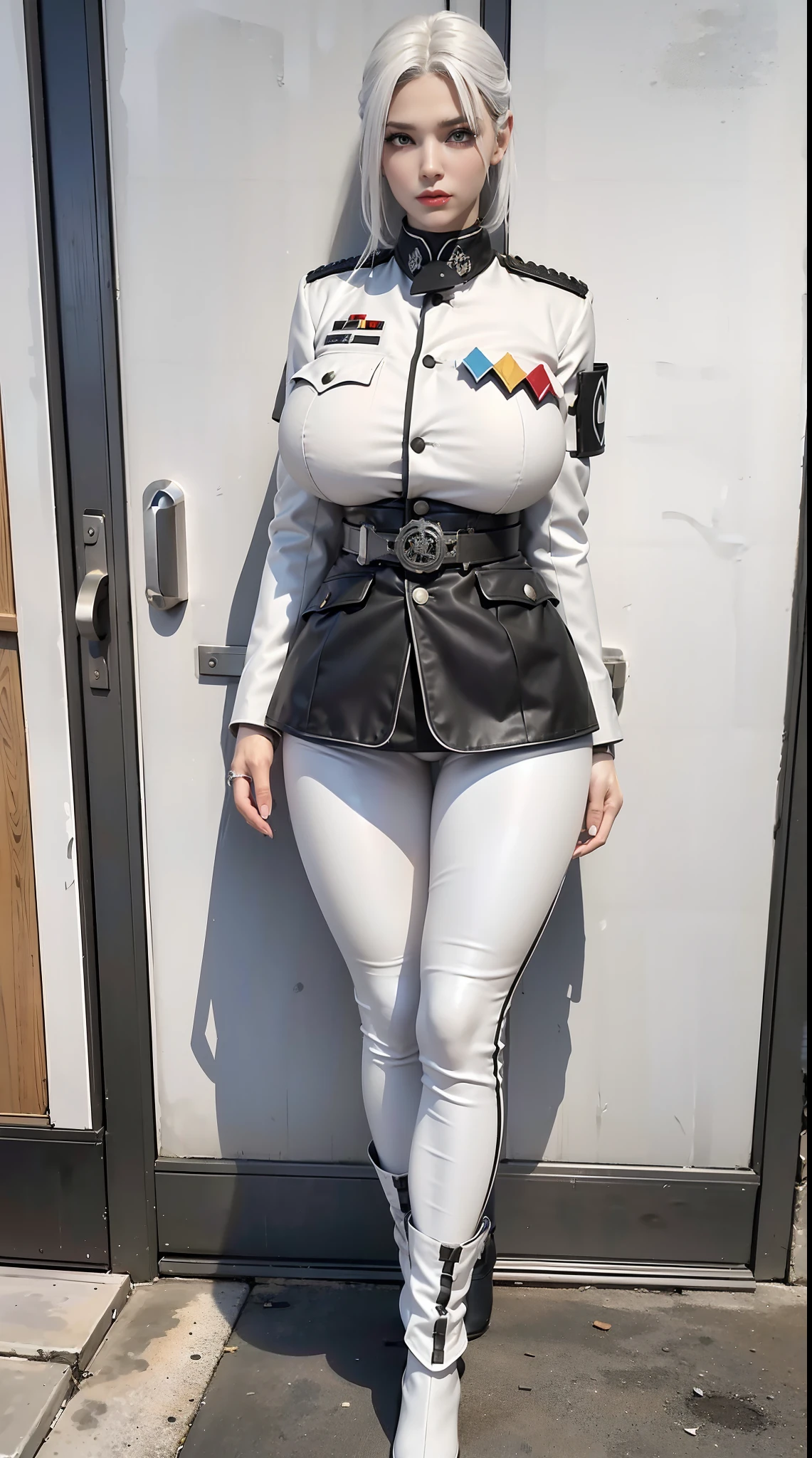 physically-based rendering, 1girl, Female soldier, (white hair), (huge fake breasts:1.1), (street city), sexy muscular body, slim waist, big buttocks, (Full body:1.3), walking, skintight white army pants, (white military uniform).