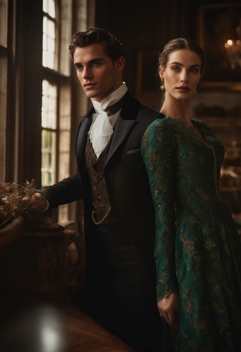 Um homem vitoriano bonito e viril, em roupas vitorianas elegantes, em um manor house. sem pelos faciais, without glasses.
