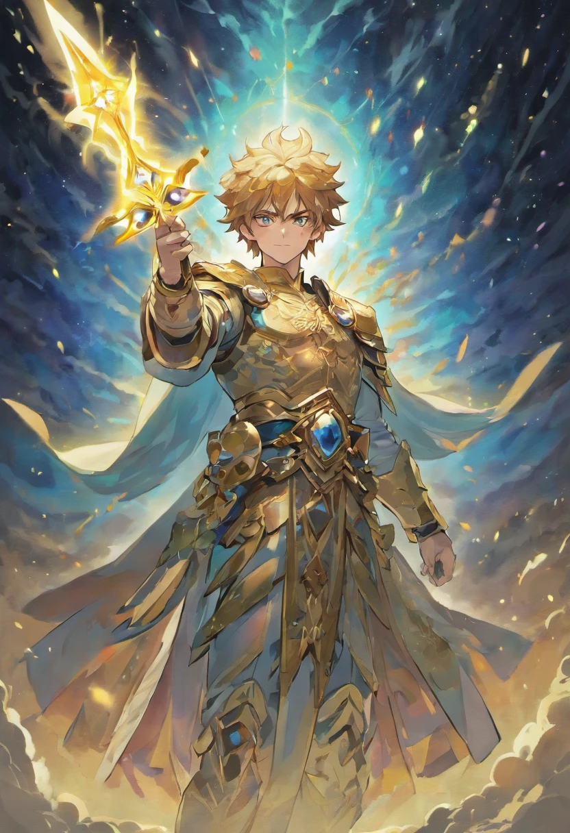 Arcanjo Miguel, o mais poderoso e benevolente dos Arcanjos em Divindade, has a majestic appearance. He's tall, com cabelos dourados como o sol. Asas de um branco mais puro do que as nuvens mais intocadas se estendiam majestosamente de seus ombros, emitting a glow that outshone even the most resplendent stars. Seus olhos, profundos e serenos, pareciam conter os segredos do universo, as his presence emanated an aura of calm and power. . Dressed in heavenly armor adorned with sacred symbols, He carries a divine sword that radiates light and cuts through the darkness. His face is serene, reflecting their peaceful and compassionate nature, frequentemente sorrindo com uma aura de calor e conforto.