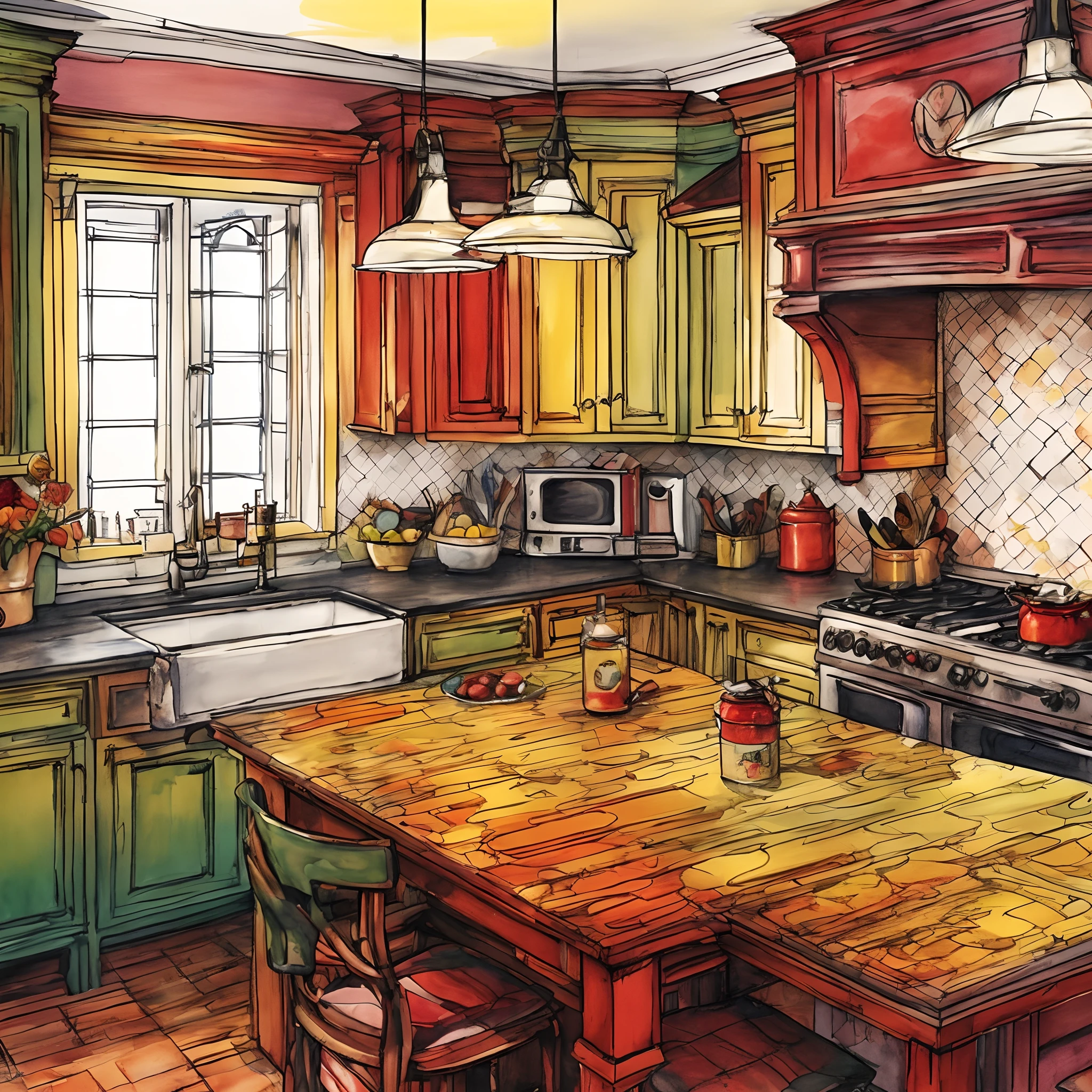 a drawing of a kitchen with a table and chairs, colorful architectural drawing, beautiful artist rendering, in gouache detailed paintings, painterly illustration, rich colour and detail, detailed gouache paintings, red green yellow color scheme, watercolor colored painting, old kitchen backdrop angled view, detailed watercolor painting, ralph horsley vivid color, colored pencil illustration, house kitchen on a sunny day