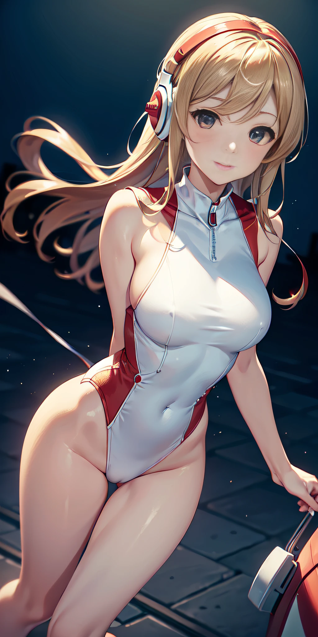(Aerial view), dynamic angle, ultra detailed, illustration, close-up, straight, only 1 woman, ((interface headset, red suit: 1.4, blonde)),Her eyes shone like dreamy stars,(bright eyes:1,233 ),(beautiful and detailed eyes:1.1),(expressionless, closed mouth),(standing), (mechanics room with tools and spaceship window on a white spaceship), (night:1.2),dreamy, [[delicate fingers and hands:0.55]::0.85],(detail of fingers)
