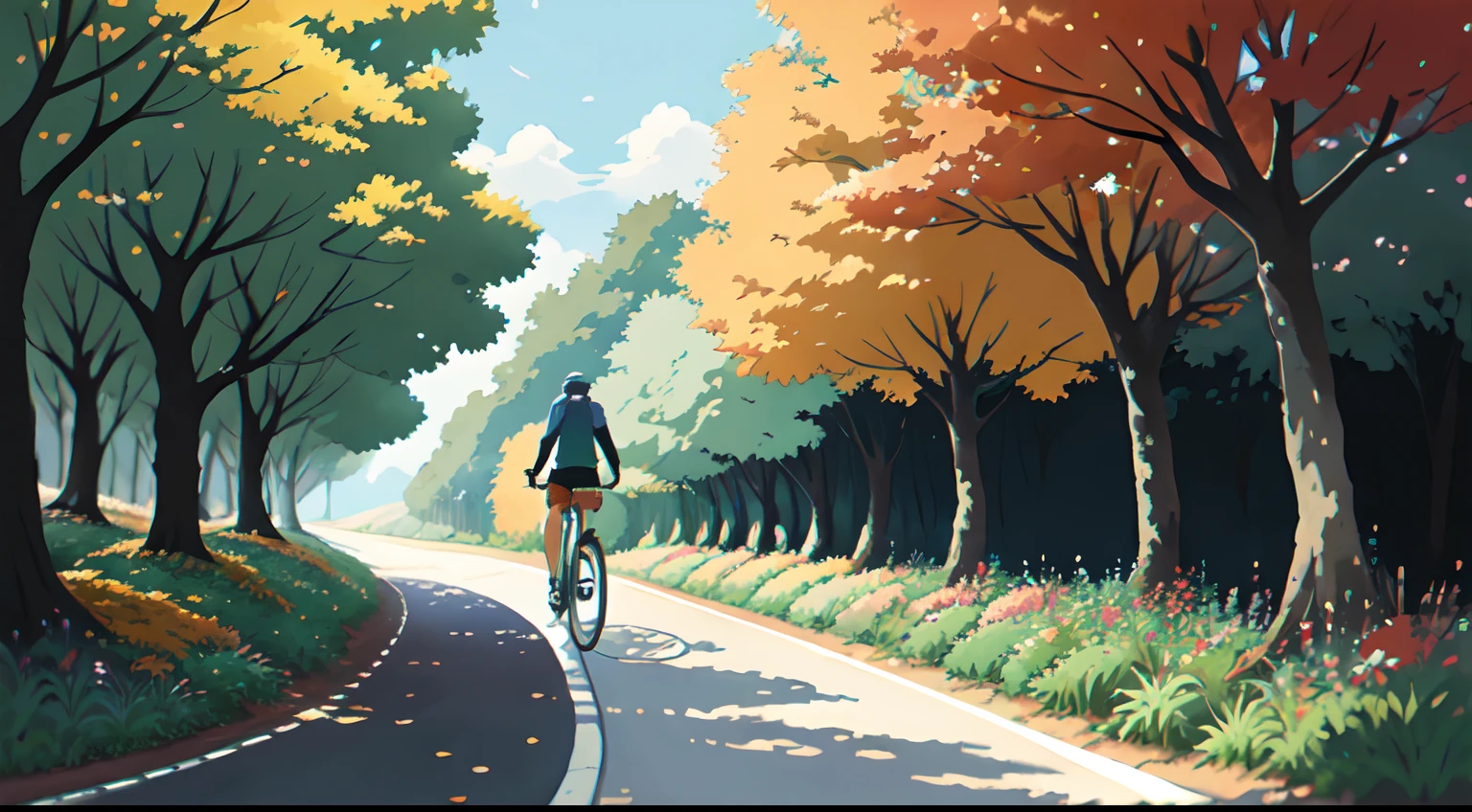 (cycliste seul: 1.5), (Realistic bike: 1.5), (realistic cyclist: 1.5), (automne: 1.5), Plan en gros plan, Le meilleur des meilleurs, feuilles orange, nature, ambiance Paysage de fond, ombres, contraste, Makoto Shinkai (beste-Qualit:1.3), (high resolucion:1) Art par Studio Ghibli Style, impressionnisme, couleurs vibrantes