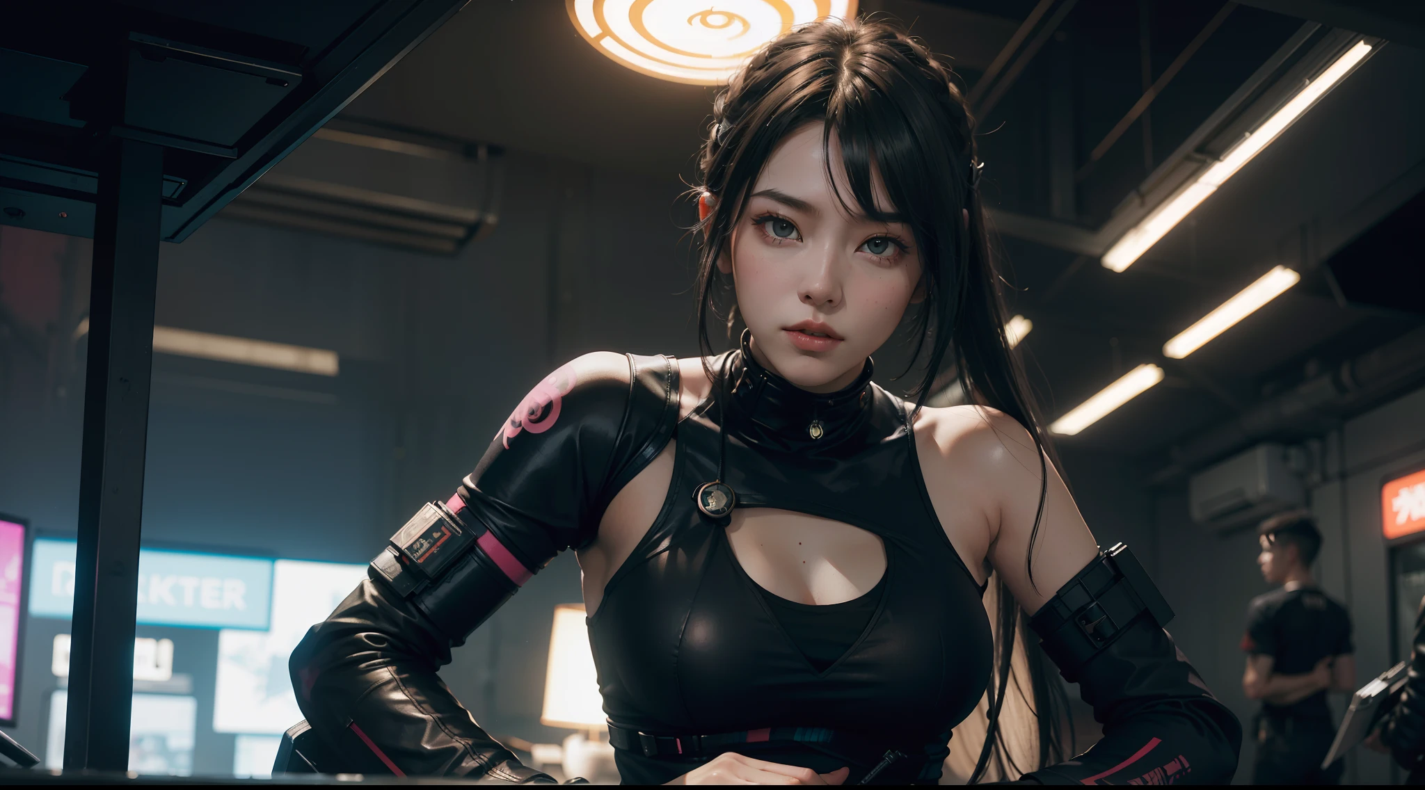 Highly Detailed Face and Skin Texture,  Brown eyes, juicy lips, bimbo lips,  pale skin,  (pale skin), Detailed Eyes, Double Eyelids,  wet skin, black pony tail, boob, cyberpunk beautiful girl, nsfw,