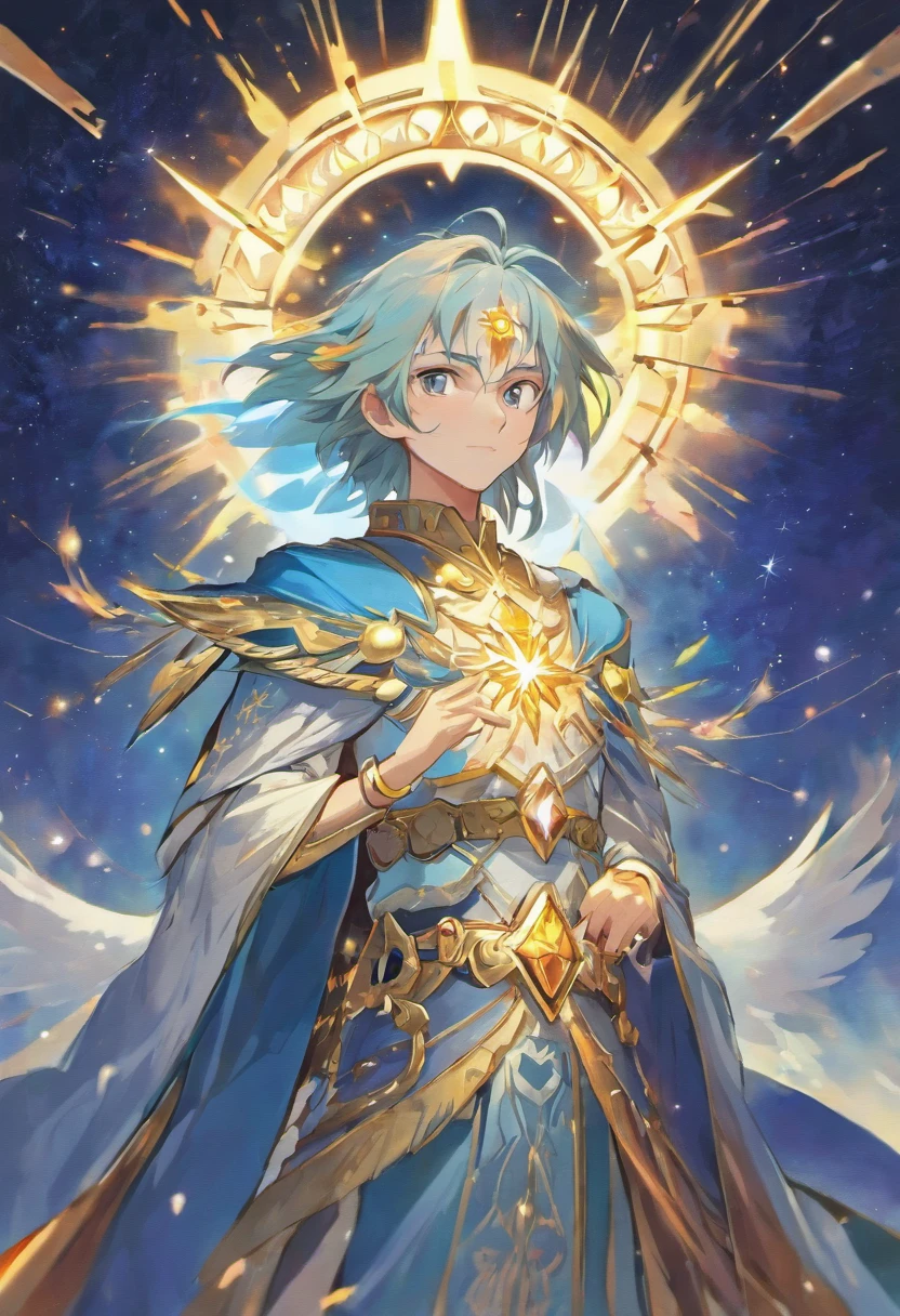 Arcanjo Miguel, o mais poderoso e benevolente dos Arcanjos em Divindade, has a majestic appearance. He's tall, com cabelos dourados como o sol. Asas de um branco mais puro do que as nuvens mais intocadas se estendiam majestosamente de seus ombros, emitting a glow that outshone even the most resplendent stars. Seus olhos, profundos e serenos, pareciam conter os segredos do universo, how his presence emanated an aura of calm and power. . Dressed in heavenly armor adorned with sacred symbols, Ele carrega uma espada divina que irradia luz e corta as trevas. His face is serene, reflecting their peaceful and compassionate nature, frequentemente sorrindo com uma aura de calor e conforto.