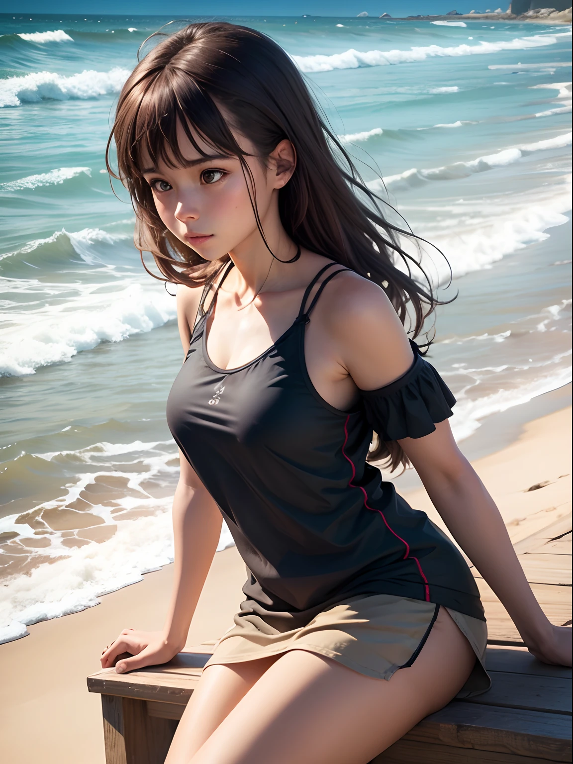 full color image, a woman, drooping eyes, ecstasy face, straddling to hit her crotch against the thin pipe for masturbation, near the beach, light color wear,