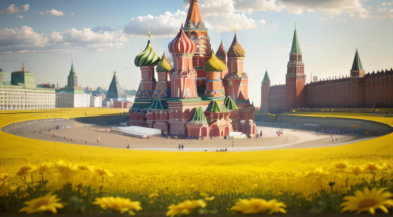 General view of Moscow Red Square (no humans) in the middle of a yellow flower field (16k, Best quality, Hdr, Best resolution, centerpiece: 1.2), Bokeh, Realistic photography, Canon 5d4