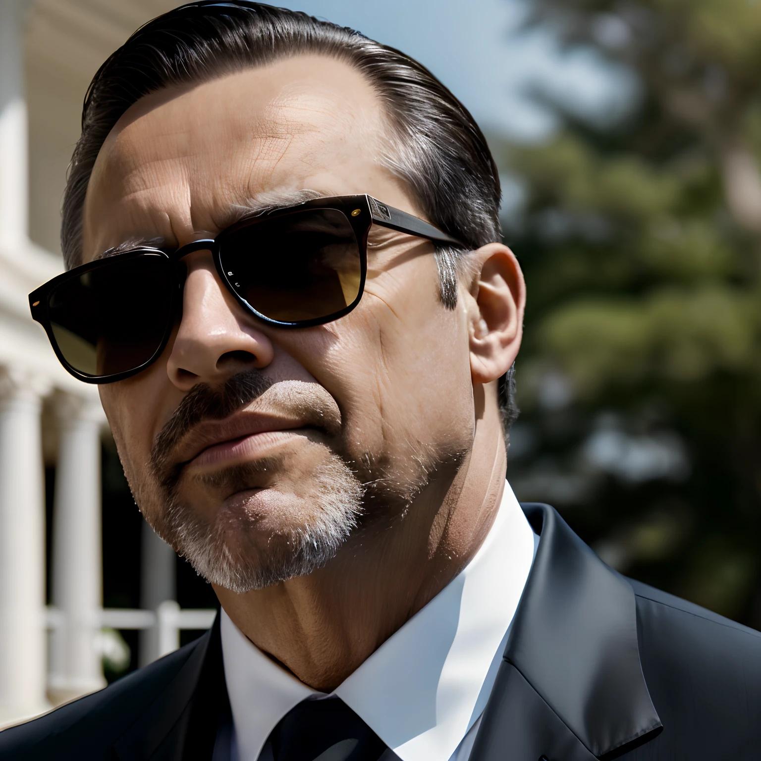 (best quality,4k,8k,highres,masterpiece:1.2),ultra-detailed,(realistic,photorealistic,photo-realistic:1.37),portrait of a black 48-year-old, handsome president, standing confidently in the well-maintained garden of the presidential palace, surrounded by lush green trees and blooming flowers. He is wearing a tailored black suit with a matching tie, exuding elegance and power. The president's face is radiant, with sharp features and a well-groomed beard. His eyes, hidden slightly behind stylish sunglasses, reveal determination and intelligence. As he speaks, his lips move with precision and conviction. The lighting enhances the president's presence, casting a flattering glow on his face and highlighting the fine details of his sharply defined features. The photograph captures the essence of the president's charisma and leadership, making it a true masterpiece of the 1999 era with vintage atmospheric.