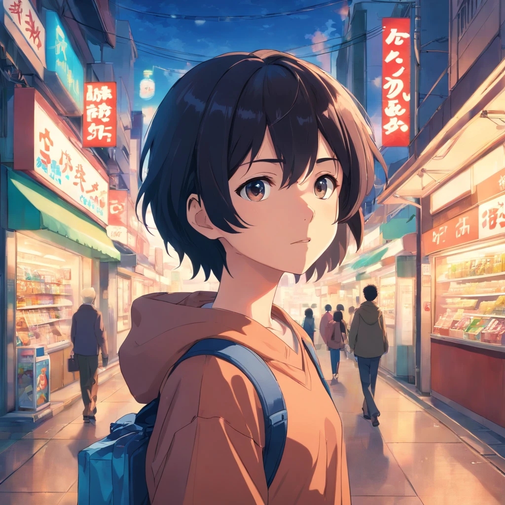 Masterpiece, Best quality, cinematic Film still from, 1 adolescent male, frontage, Black hair, In front of the convenience store,The background of the details, Dark and eerie environment,A beam of street lights,Holding a plastic bag in his hand,Hesitant expression
