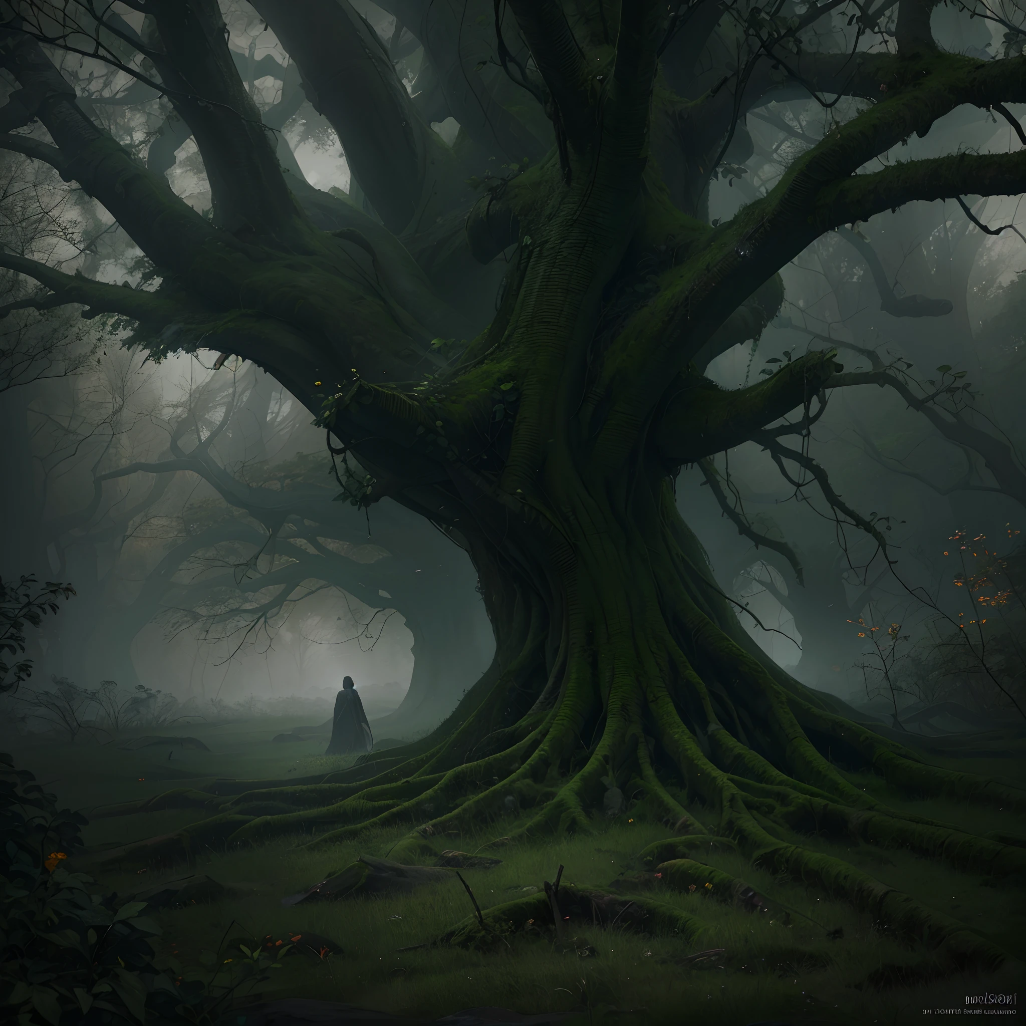 (La mejor calidad,4k,8k,Altas Resoluciones,Obra maestra:1.2),Ultra detallado,realista,fotorrealista:1.37,Sello maldito siniestro,Bosque maldito oscuro,Tatuajes malditos detallados,aterradora magia maldita,Hombre maldito,horribles marcas malditas,inquietantes hechizos malditos,ominous atmosphere,Niebla densa,natural lighting,elementos sobrenaturales,Entorno nocturno,Sombras misteriosas,spooky atmosphere,criaturas sobrenaturales,Ominous tree branches,hojas marchitas,Ambiente embrujado,realidad distorsionada,Dark and gloomy colors,Grim figures,Enchanted spirits,aura terrible,Evocative composition,presencia amenazante,Ungodly rituals,Paisajes macabros,Paisaje embrujado,Hechizos malvados,Gloomy and desolate atmosphere,vivid pictures,Premonitory energy,Simbolismo de pesadilla,gothic art style,Fusion of horror and fantasy,Experiencia de otro mundo,emociones intensas,Rituales para romper maldiciones,Almas desamparadas.