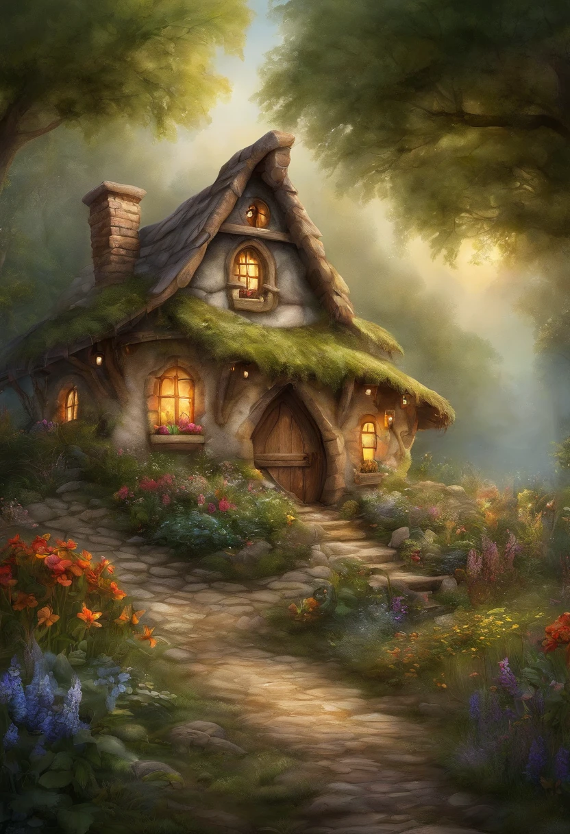 Primer plano de la casa con puertas y ventanas de cuento de hadas, Flowery cabin, fantasy house, Cottagecore,Casa preciosa, Lindo arte digital detallado, Hermoso arte digital, magical fairy background, detailed fantasy digital art, Arte digital muy bonito, cottage in the forest, Hermoso render de un cuento de hadas, beautiful fantasy painting,Bokeh de fondo,La profundidad de campo es completa。High dynamic range HDR technology,Make the image more realistic,Attention to detail(8k,Mejor calidad,tmasterpiece:1.2)