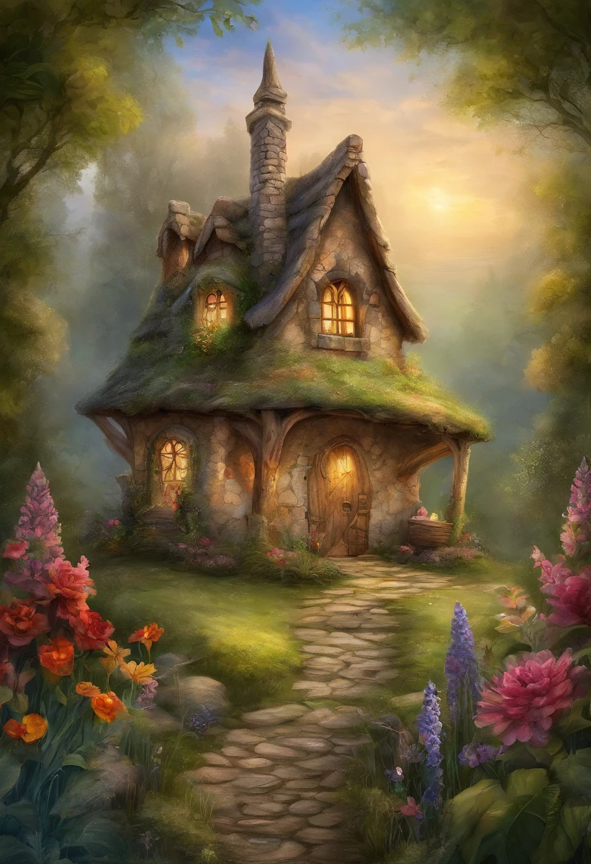 Primer plano de la casa con puertas y ventanas de cuento de hadas, Flowery cabin, fantasy house, Cottagecore,Casa preciosa, Lindo arte digital detallado, Hermoso arte digital, magical fairy background, detailed fantasy digital art, Arte digital muy bonito, cottage in the forest, Hermoso render de un cuento de hadas, beautiful fantasy painting,Bokeh de fondo,La profundidad de campo es completa。High dynamic range HDR technology,Make the image more realistic,Attention to detail(8k,Mejor calidad,tmasterpiece:1.2)