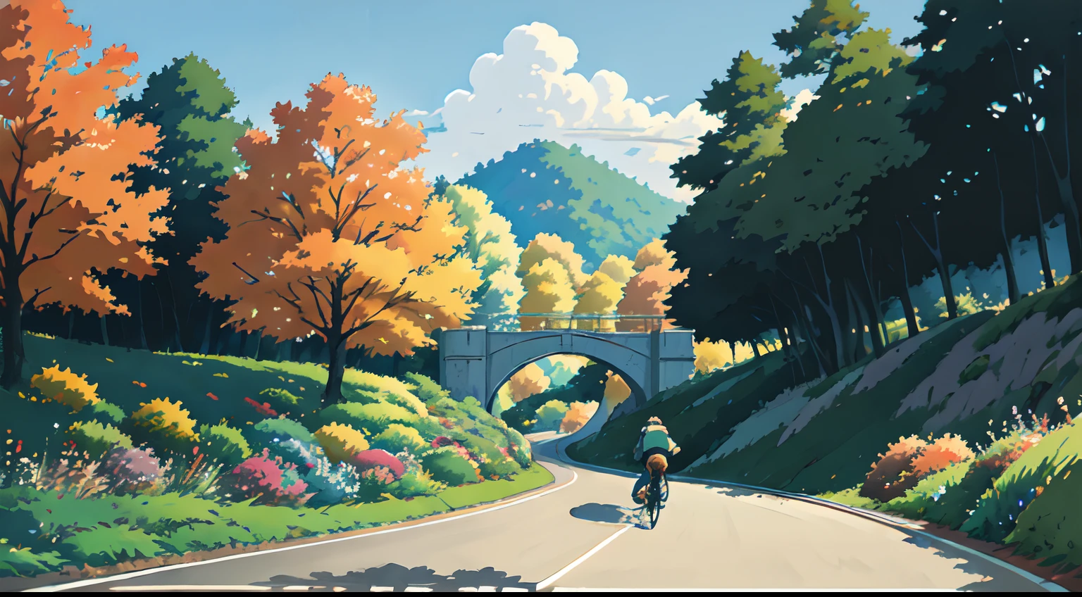 (cycliste seul: 1.5), (Realistic bike: 1.5), (realistic cyclist: 1.5), (automne: 1.5), Plan en gros plan, Le meilleur des meilleurs, feuilles orange, nature, ambiance Paysage de fond, ombres, contraste, Makoto Shinkai (beste-Qualit:1.3), (high resolucion:1) Art par Studio Ghibli Style, impressionnisme, couleurs vibrantes