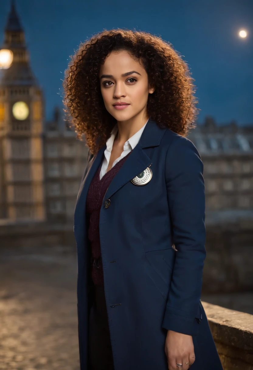 Imagem detalhada de Nathalie Emmanuel como personagem "The Doctor", do show Doctor Who, leve sorriso, peircing no naris, medium size curly hair, regeneracao, totalmente vestido, Navy blue coat with two large buttons side by side on the front, camisa clara. Ao fundo a TARDIS. Noite.