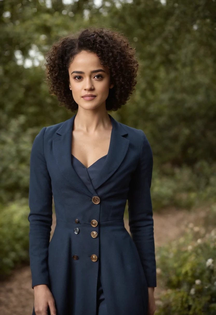 Imagem detalhada de Nathalie Emmanuel como personagem "The Doctor", do show Doctor Who, leve sorriso, peircing no naris, medium size curly hair, regeneracao, totalmente vestido, Navy blue coat with two large buttons side by side on the front, camisa clara. Ao fundo a TARDIS. Noite.