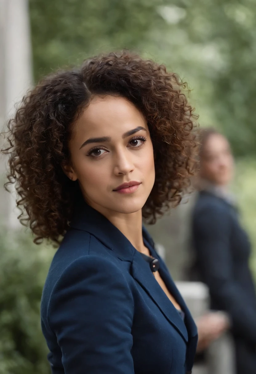 Imagem detalhada de Nathalie Emmanuel como personagem "The Doctor", do show Doctor Who, leve sorriso, peircing no naris, medium size curly hair, regeneracao, totalmente vestido, Navy blue coat with two large buttons side by side on the front, camisa clara. Ao fundo a TARDIS. Noite.