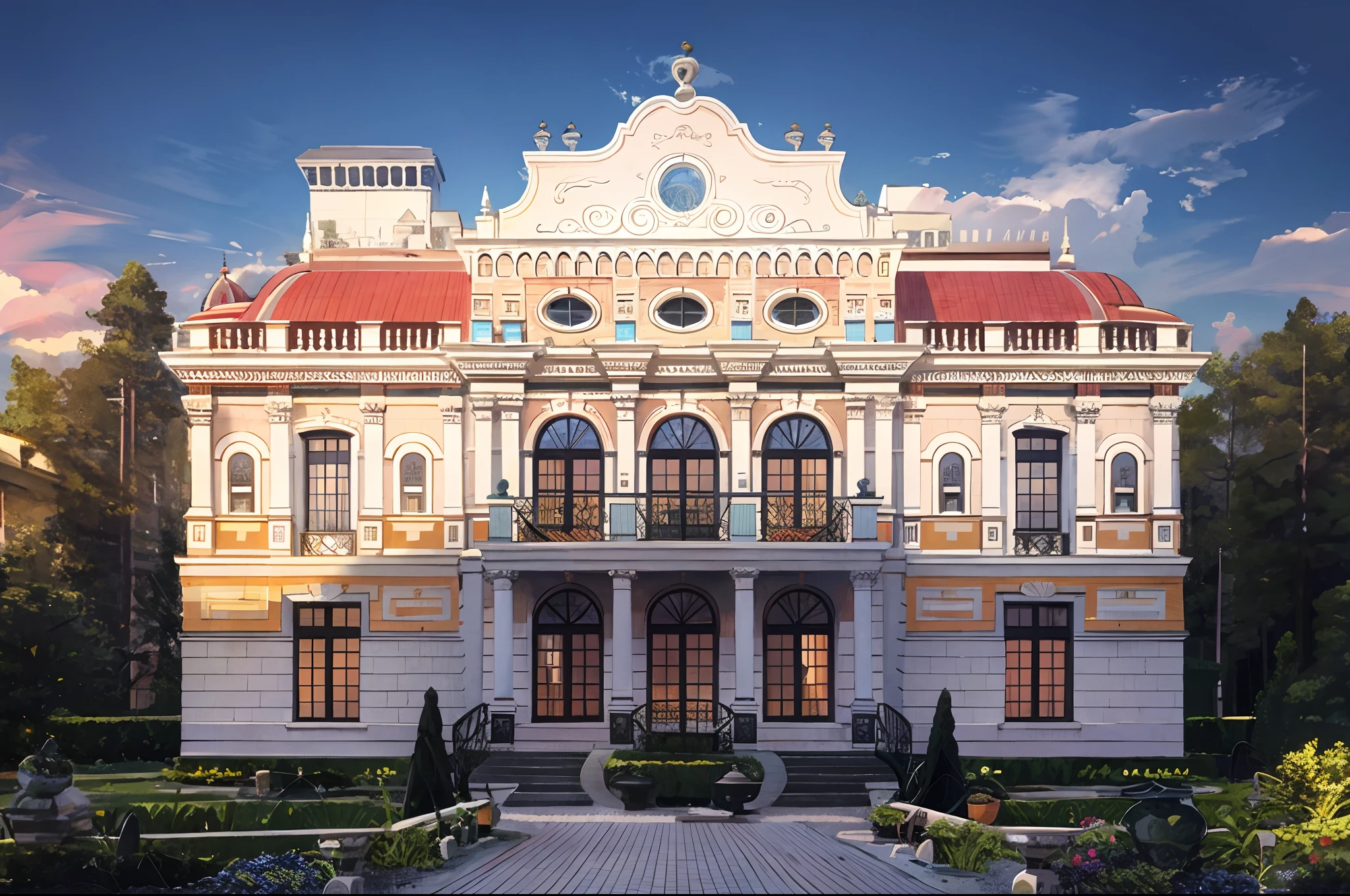 stylize this three-story building in the style of barocco architecture, colorful, new private house, daytime
