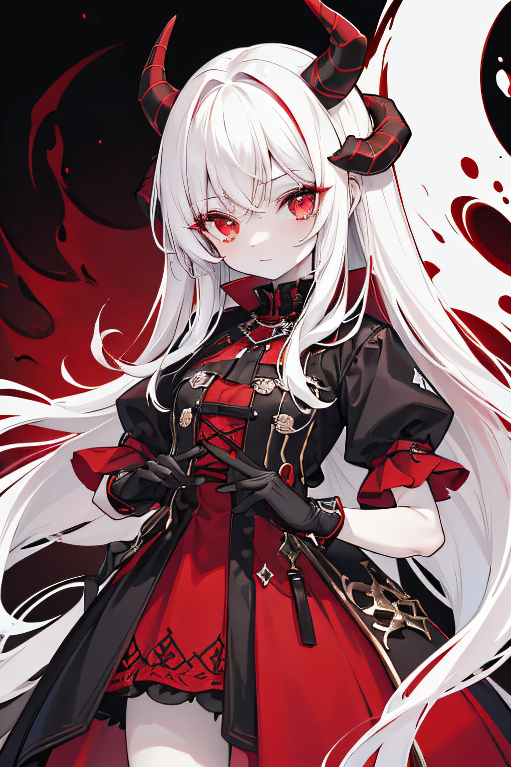 Female, 1 girl, color skin: pale, color eye: crimson, hair long white hair and black and red horns, red dress with laces crossing each other with white and black details, she wears long black fingerless gloves, color pallet crimson