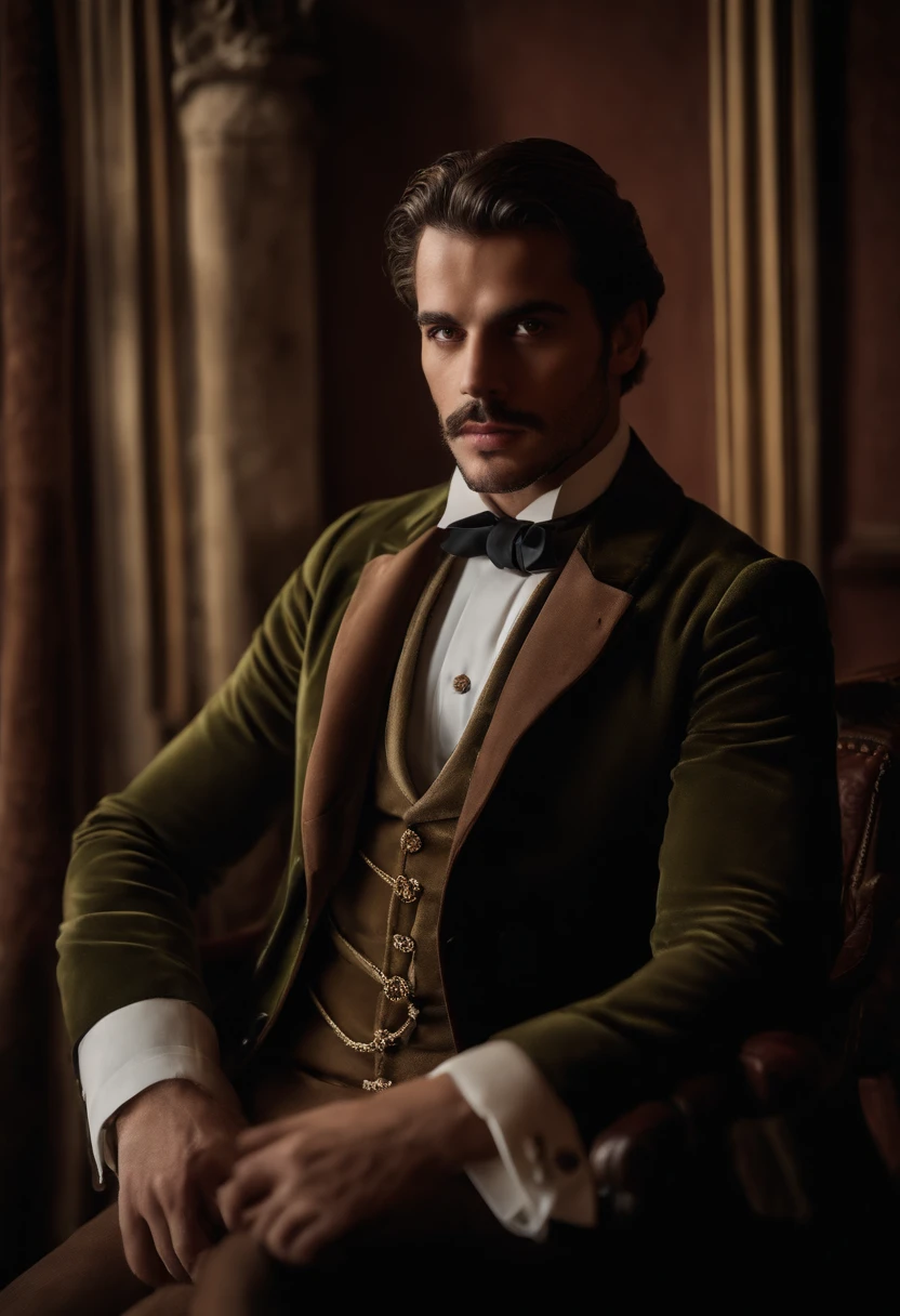 Um homem vitoriano bonito e viril, em roupas vitorianas elegantes, em um manor house. The face is manly and elegant, limpo, eyes are brown